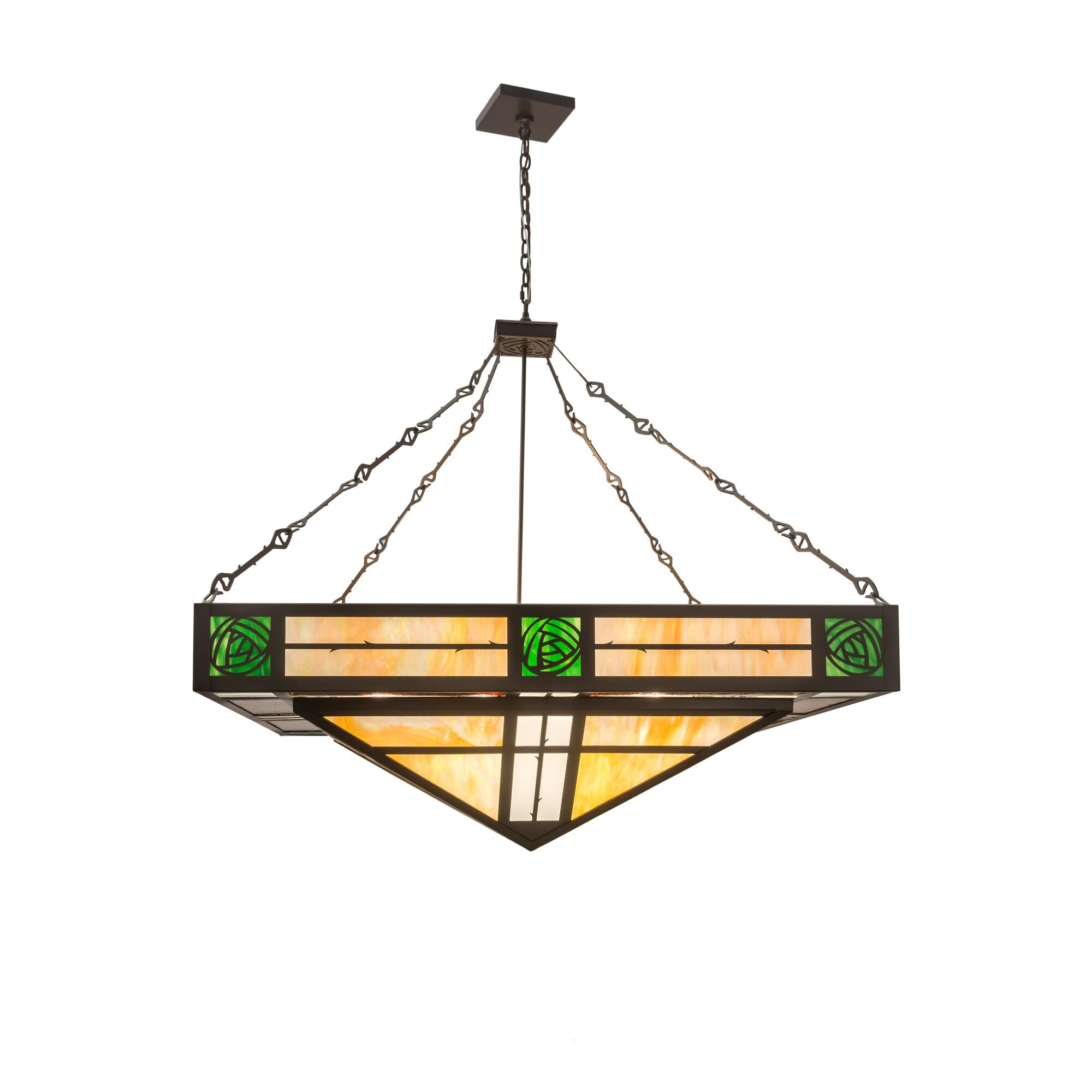 Shown in Timeless Bronze finish and Moss Green-Root Beer-Iridescent Beige glass