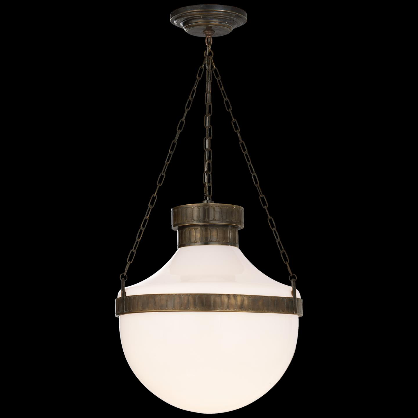 Shown in Antique Brass With Verde finish and White glass