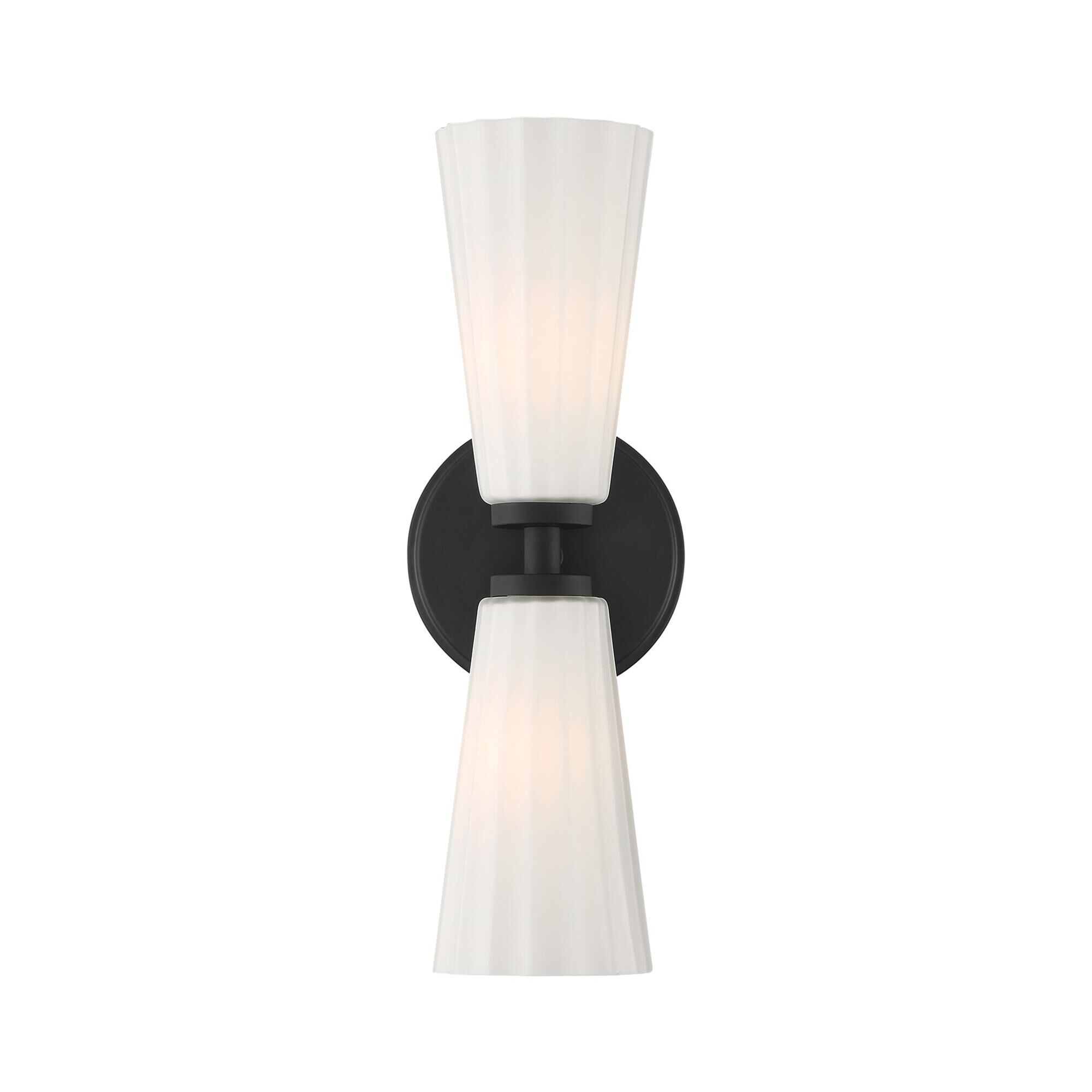 Shown in Matte Black finish and White Fluted glass