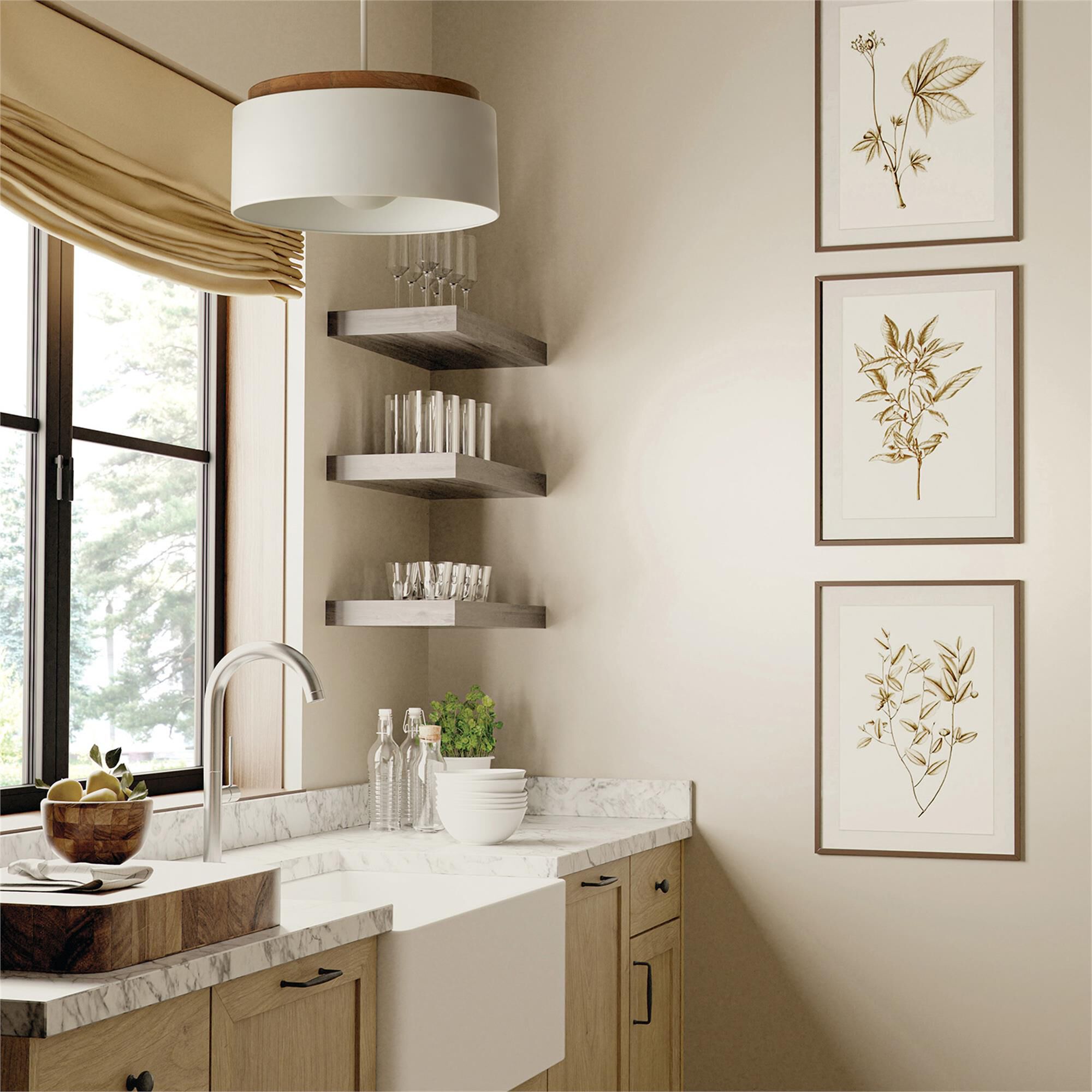 Shown in Light Wood And White finish and Soft White  Orb glass and Matte White Metal shade
