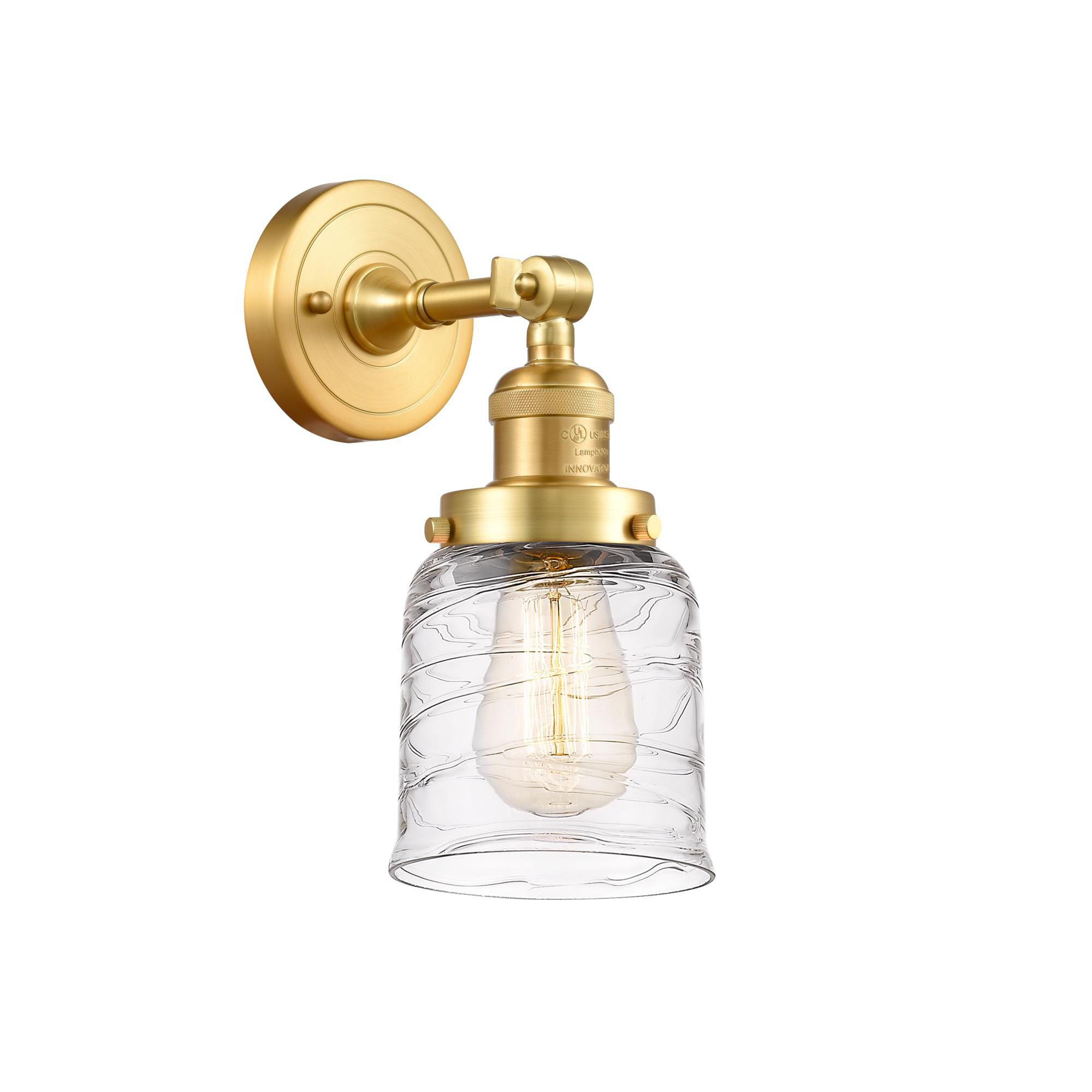 Shown in Satin Gold finish and Deco Swirl glass