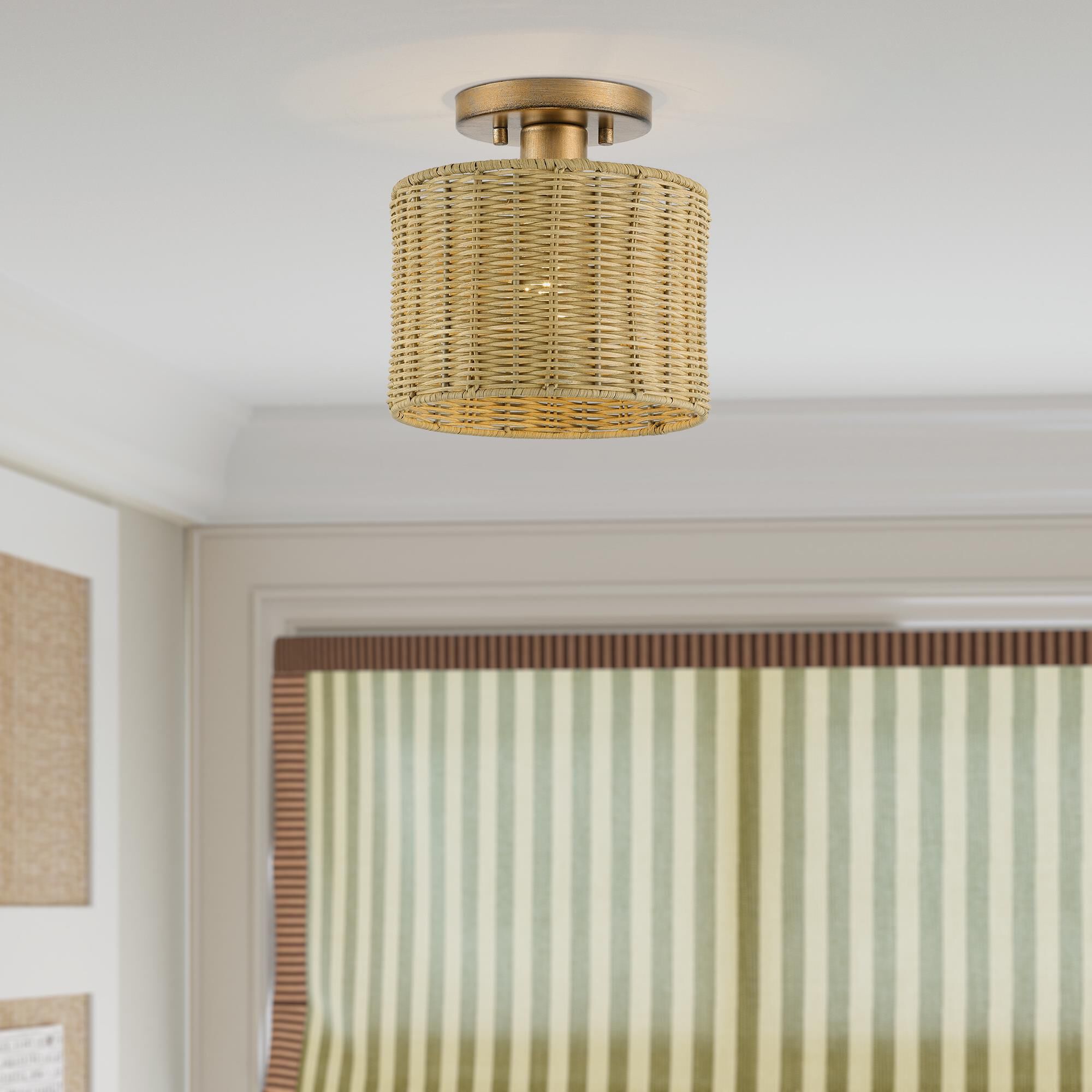 Shown in Antique Gold Leaf finish and Hand-Woven Rustic Walnut Color Rattan shade