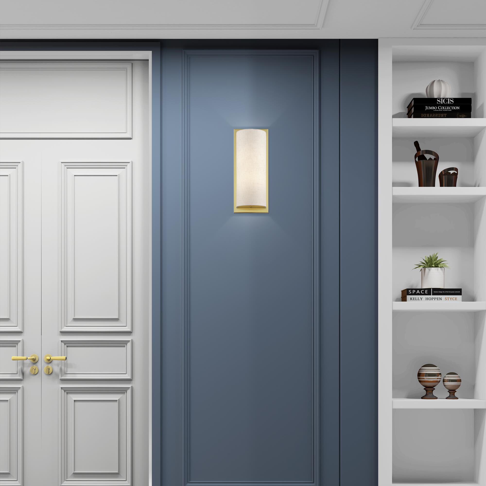 Shown in Soft Gold finish and Hand Crafted Oatmeal Color Hardback with White Fabric Inside shade