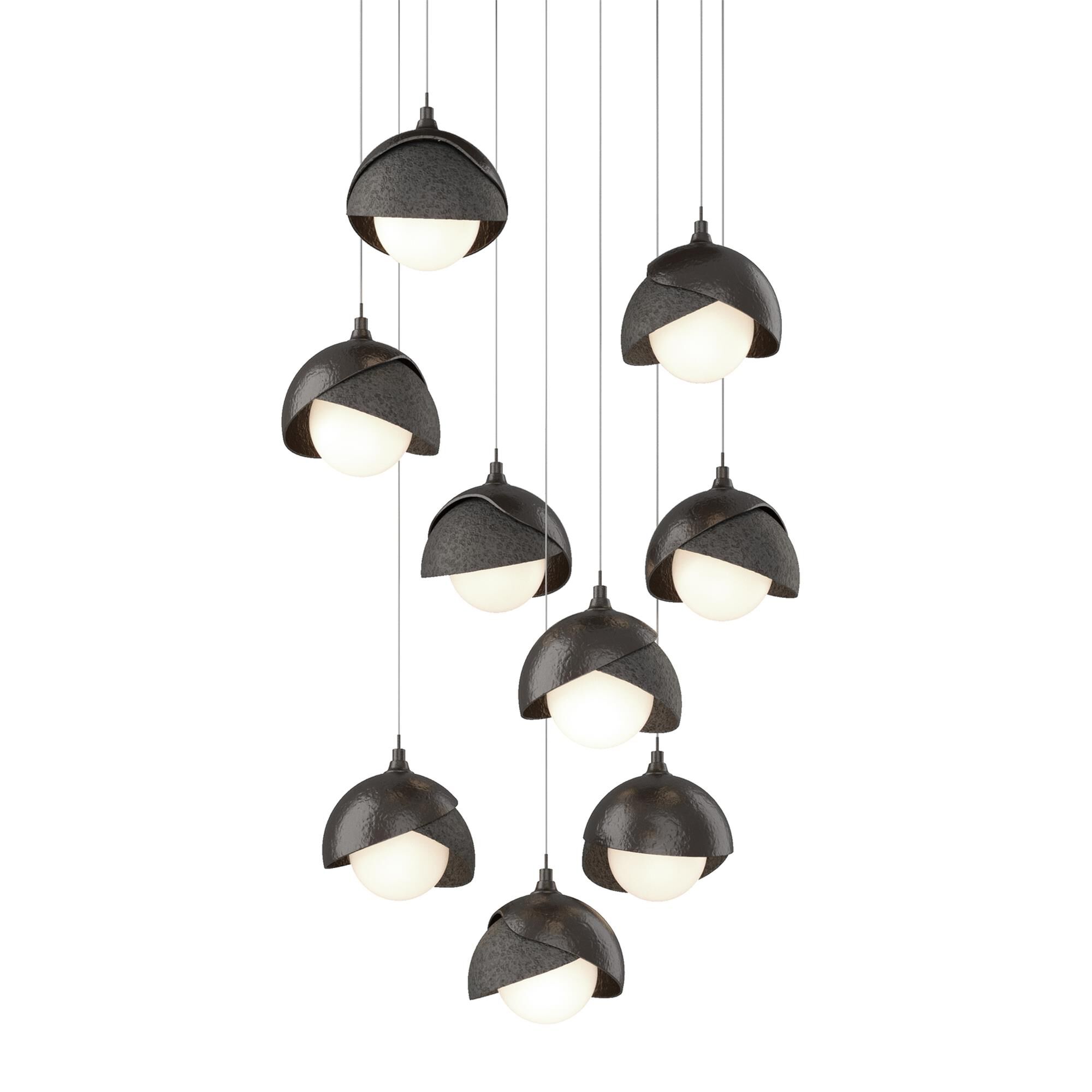 Shown in Oil Rubbed Bronze finish and Opal glass and Natural Iron accent
