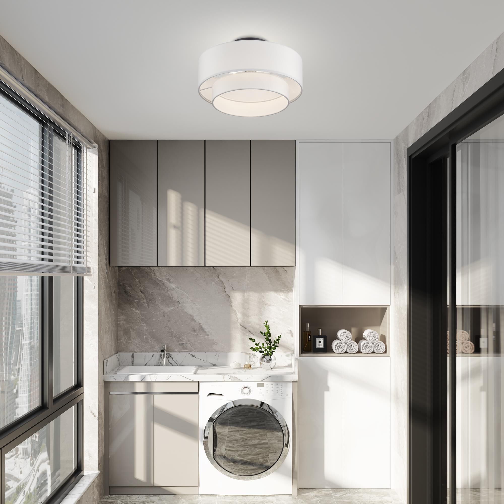 Shown in Bronze finish and Hand Crafted Off-White Fabric Hardbacks with White Fabric Inside shade