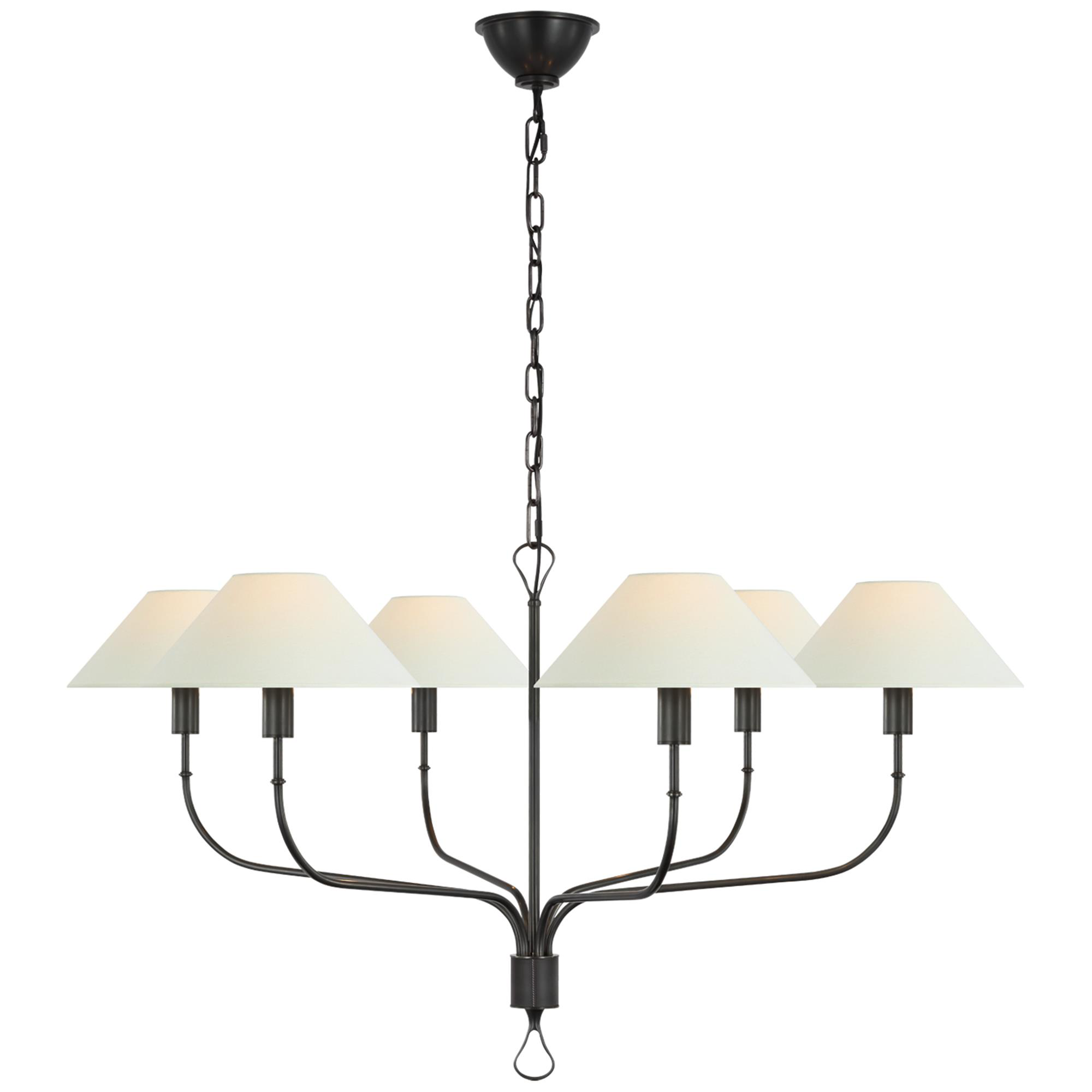 Shown in Bronze and Chocolate Leather finish and Linen shade