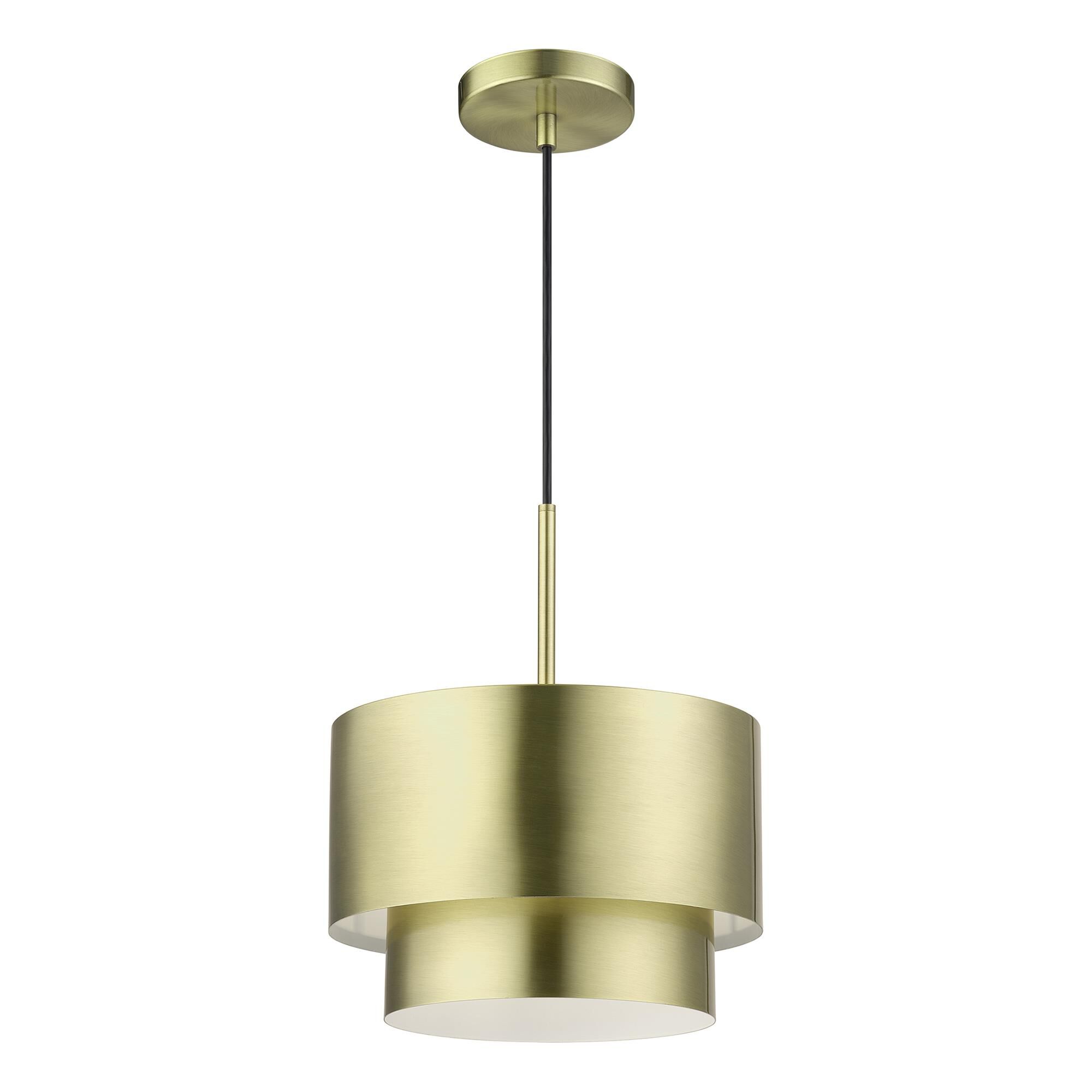 Shown in Antique Brass finish and Antique Brass Steel with Shiny White Inside shade