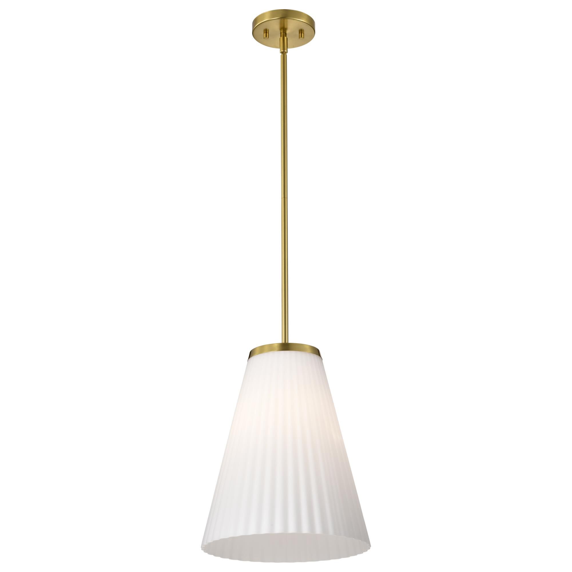 Shown in Burnished Brass finish and Ribbed White glass