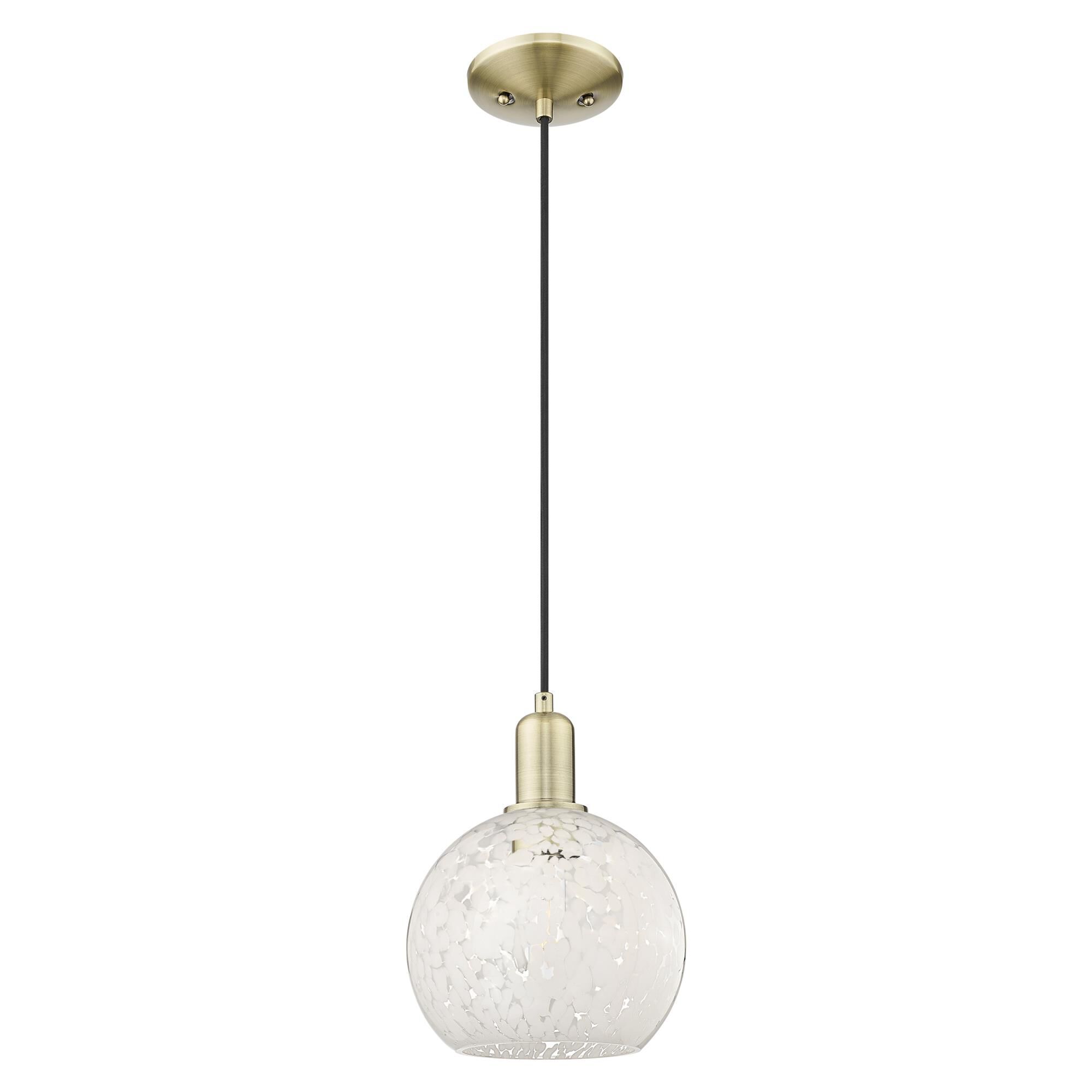 Shown in Antique Brass finish and White Mouchette glass