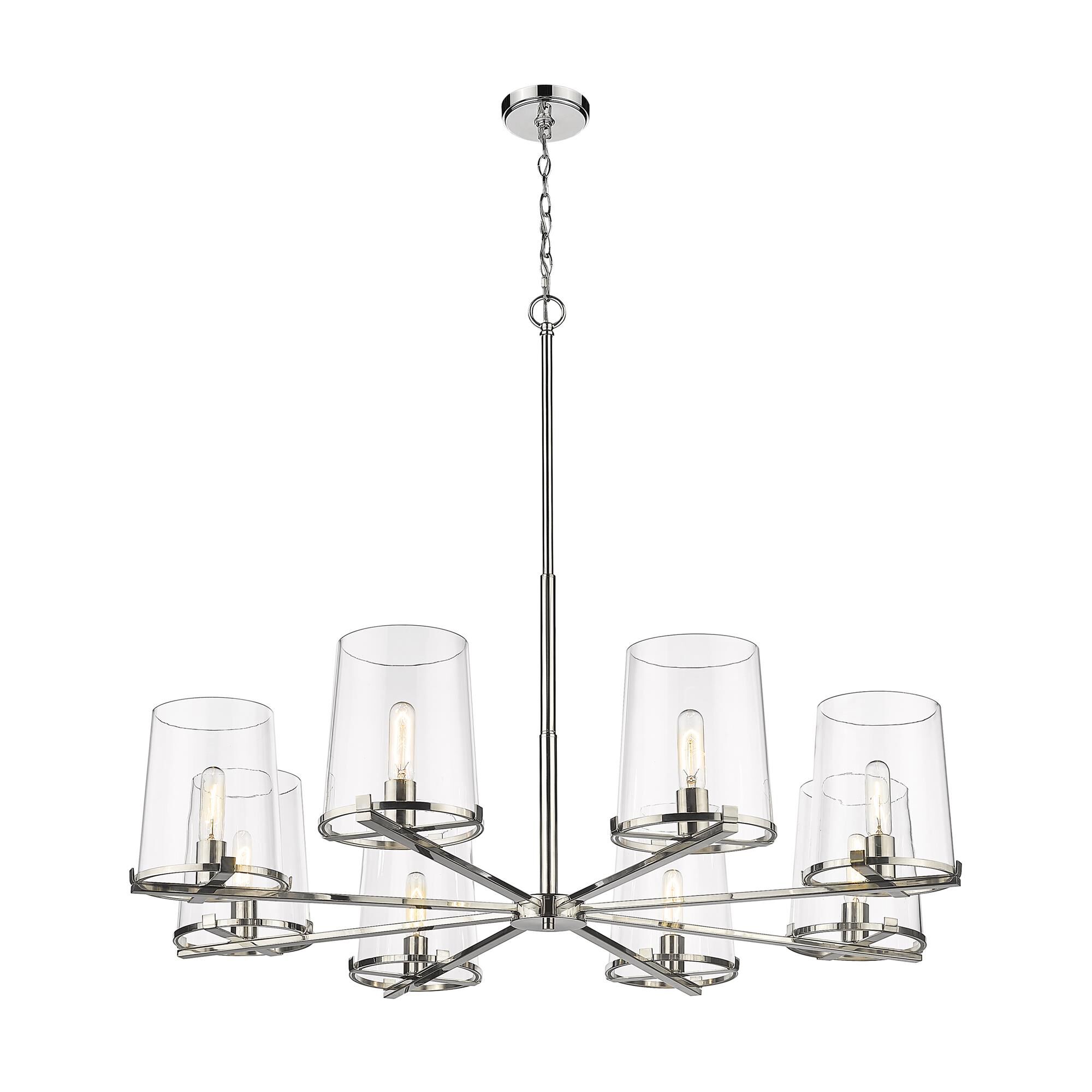 Shown in Polished Nickel finish and Glass shade