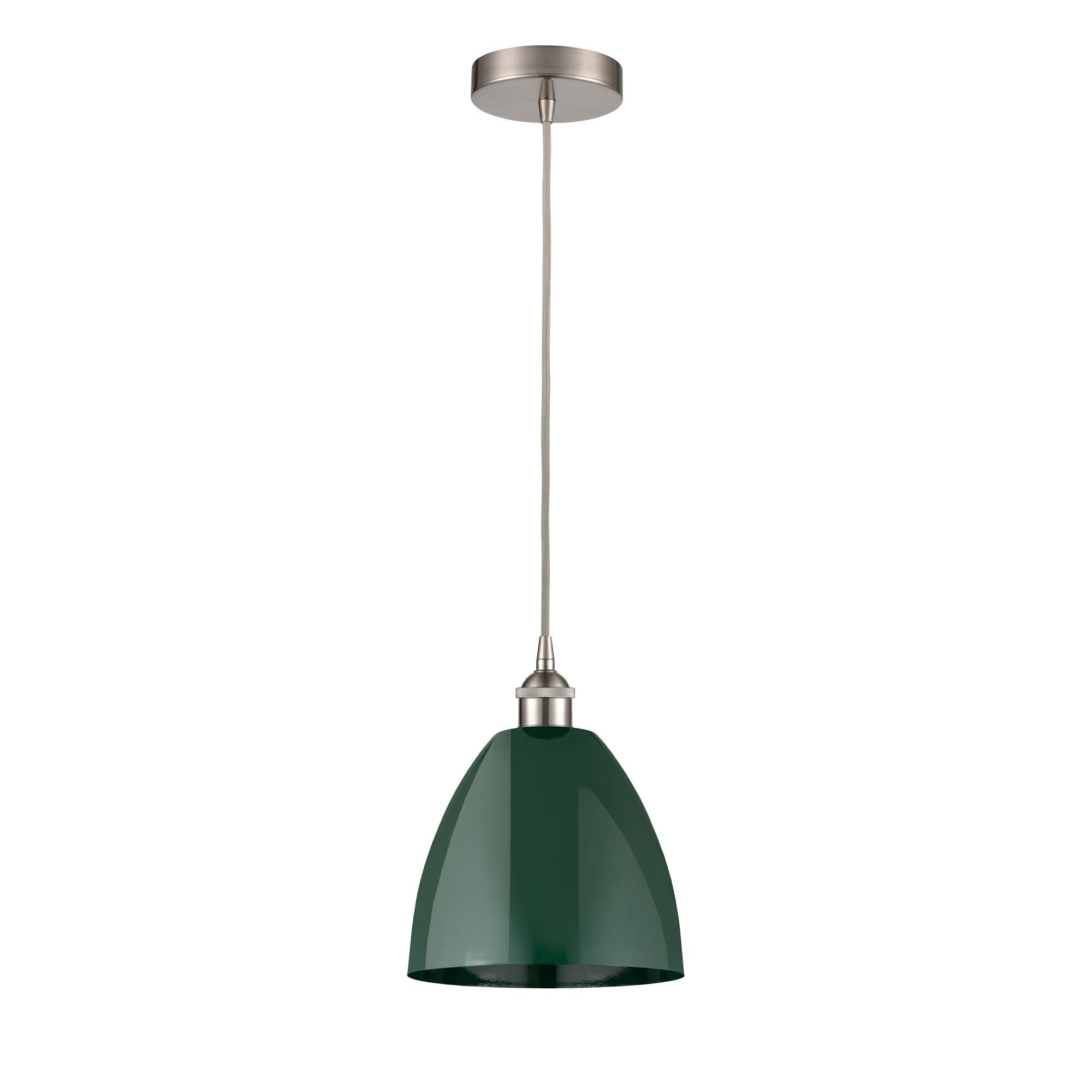 Shown in Brushed Satin Nickel finish and Green Dome shade