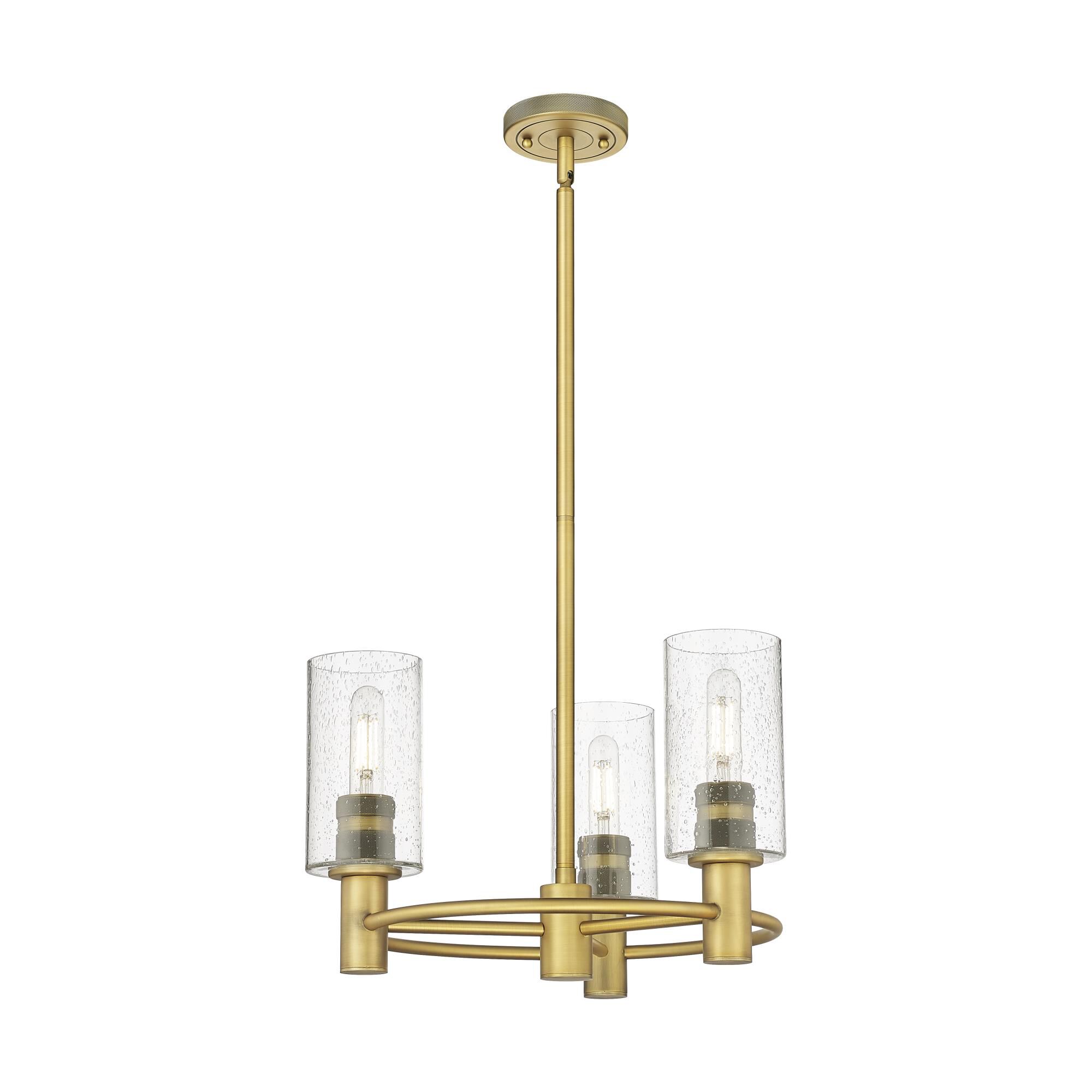 Shown in Brushed Brass finish and Seedy glass and Seedy Glass shade