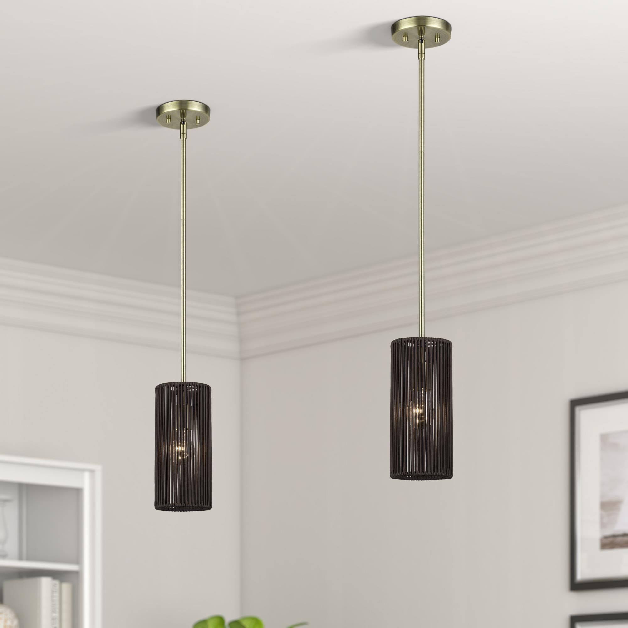 Shown in Antique Brass finish and Hand-Woven Dark Chocolate Color Polyester Rope shade