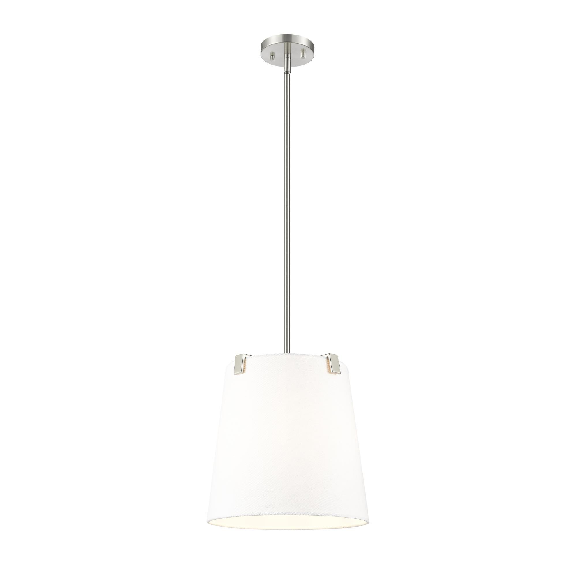 Shown in Brushed Nickel finish and White Linen glass and White Linen shade