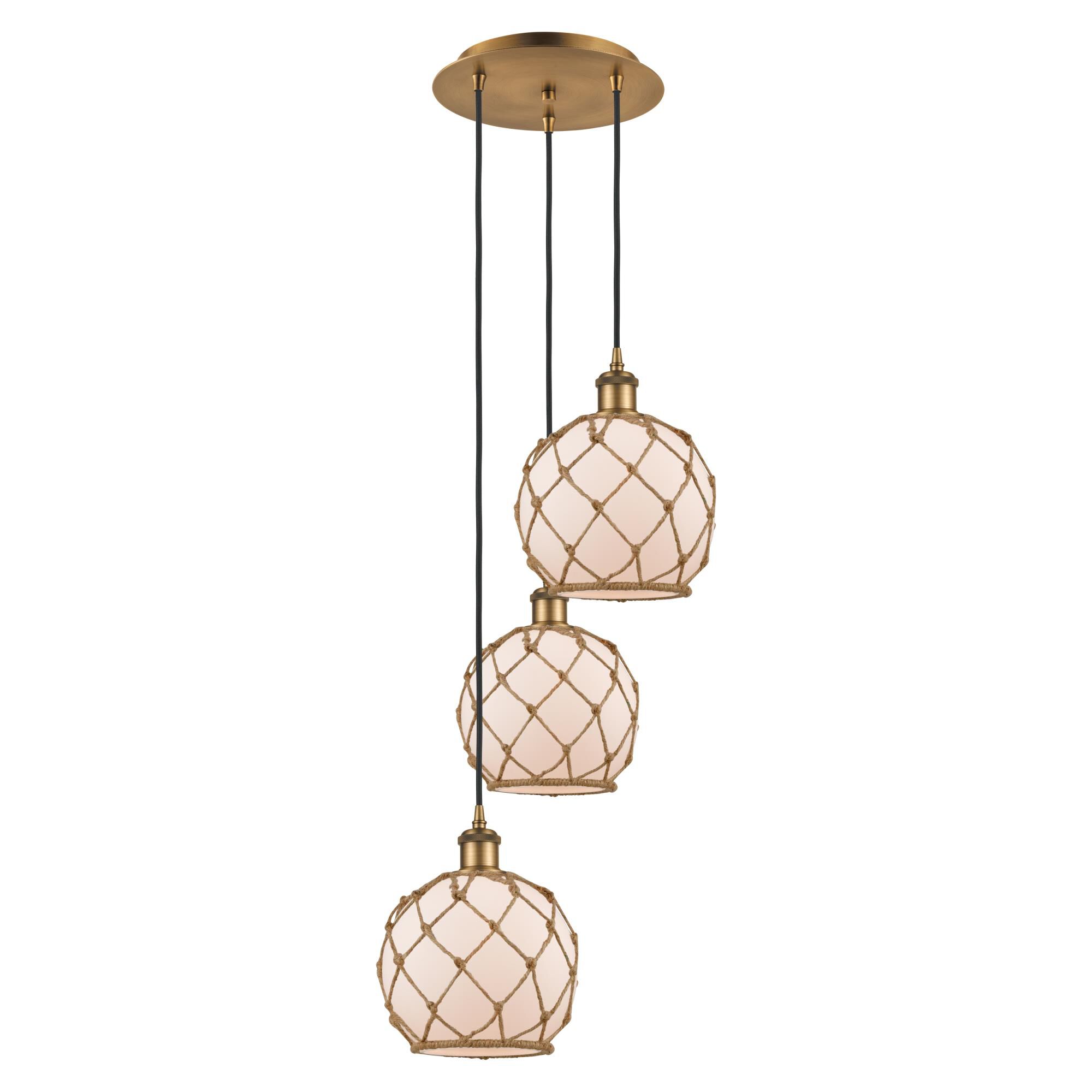 Shown in Brushed Brass finish and White with Brown Rope glass