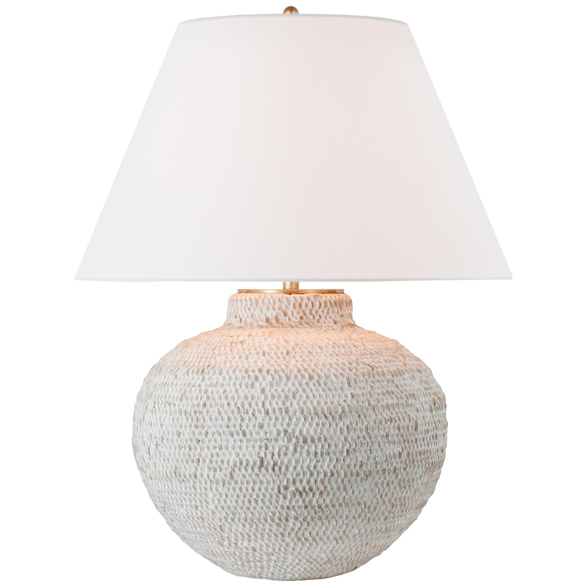 Shown in Plaster White Rattan finish and Linen shade