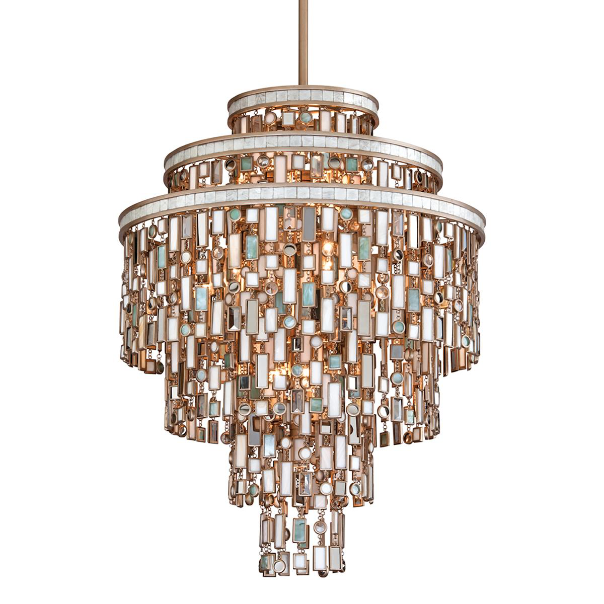 Shown in Dolcetti Silver finish and Mixed glass and Shells, Crystal, Stainless shade and Mixed Shells with Crystal and Stainless Accents accent