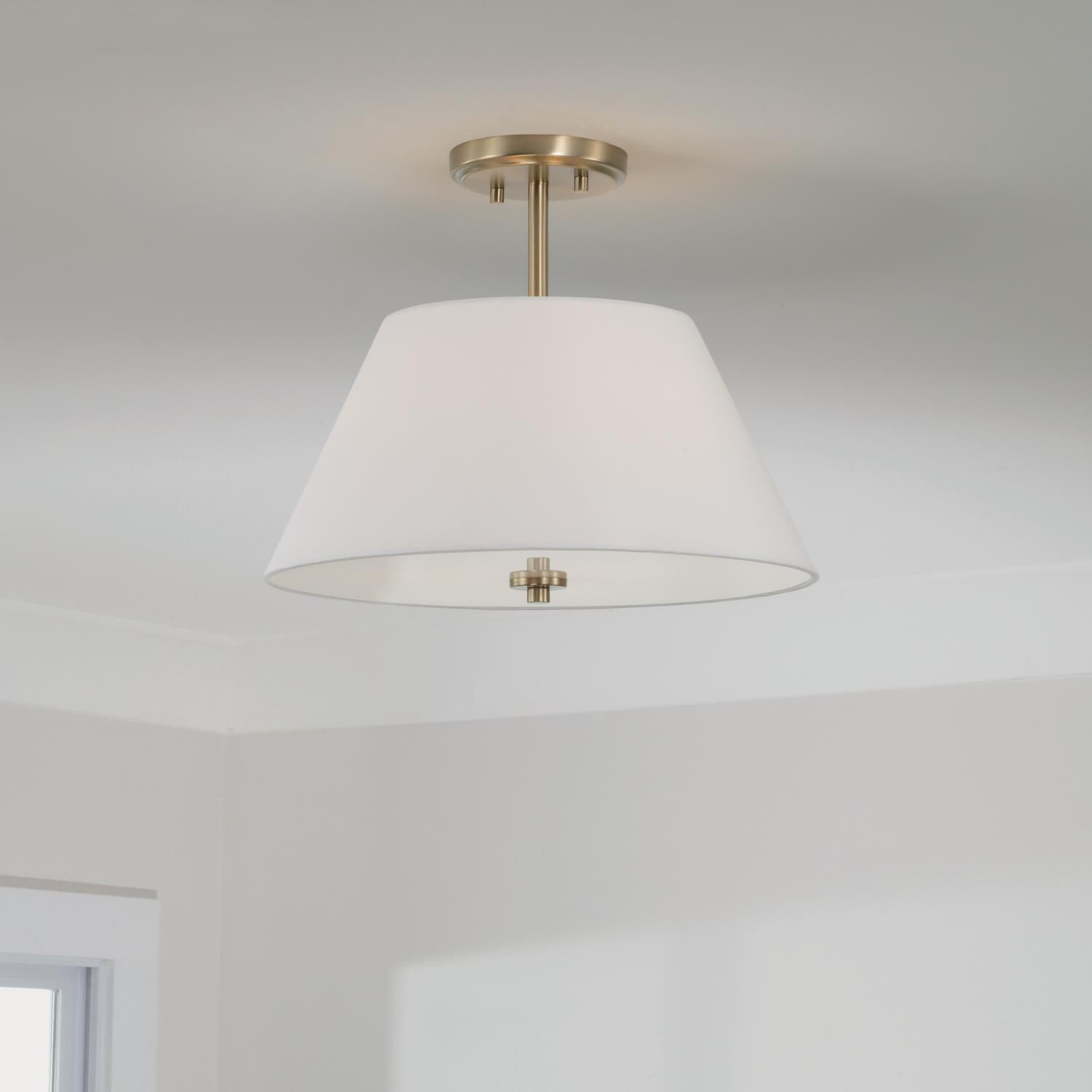 Shown in Matte Brass finish and Soft White Fabric Bolt-On shade