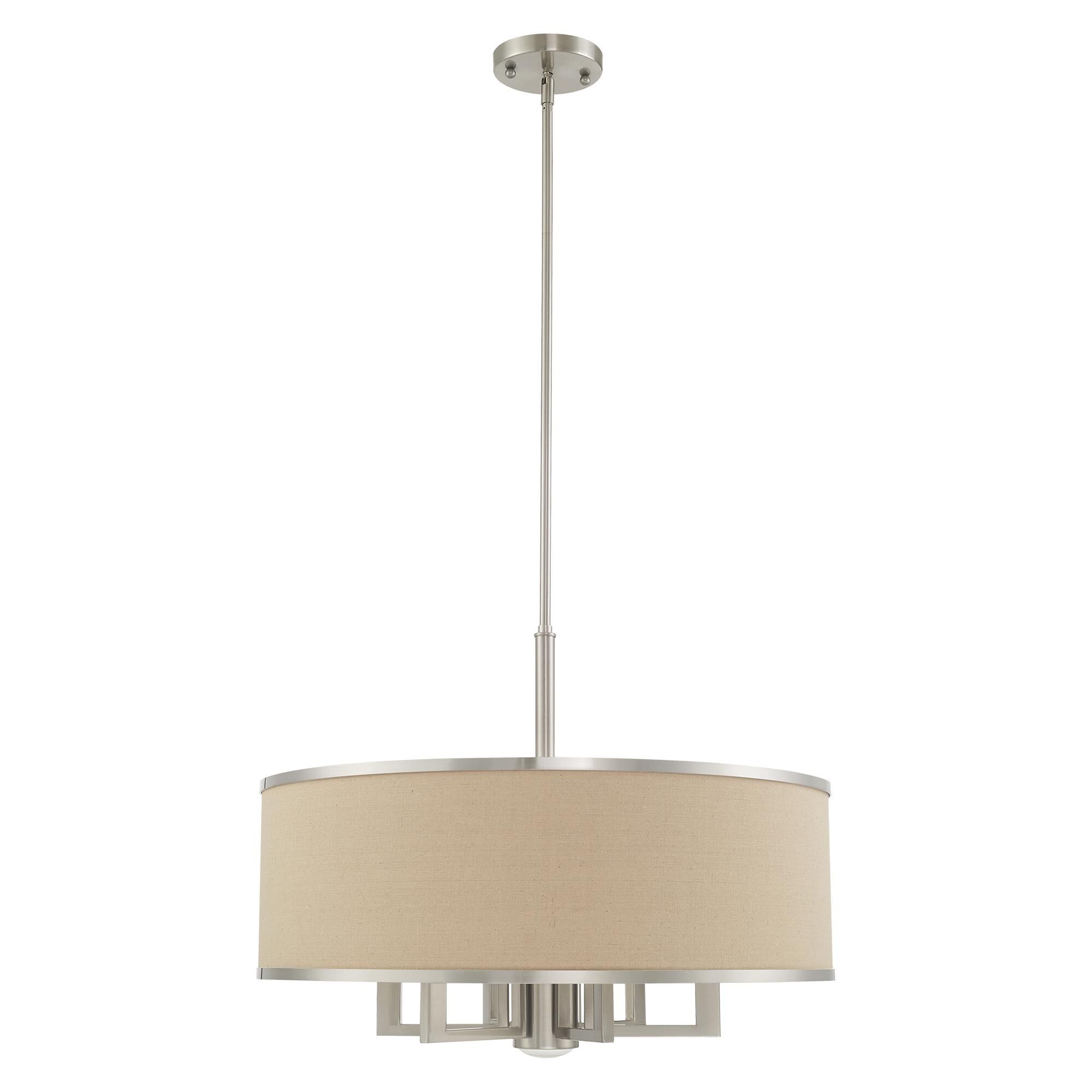 Shown in Brushed Nickel finish and Hand Crafted Ash-Gray Linen Fabric Hardback shade