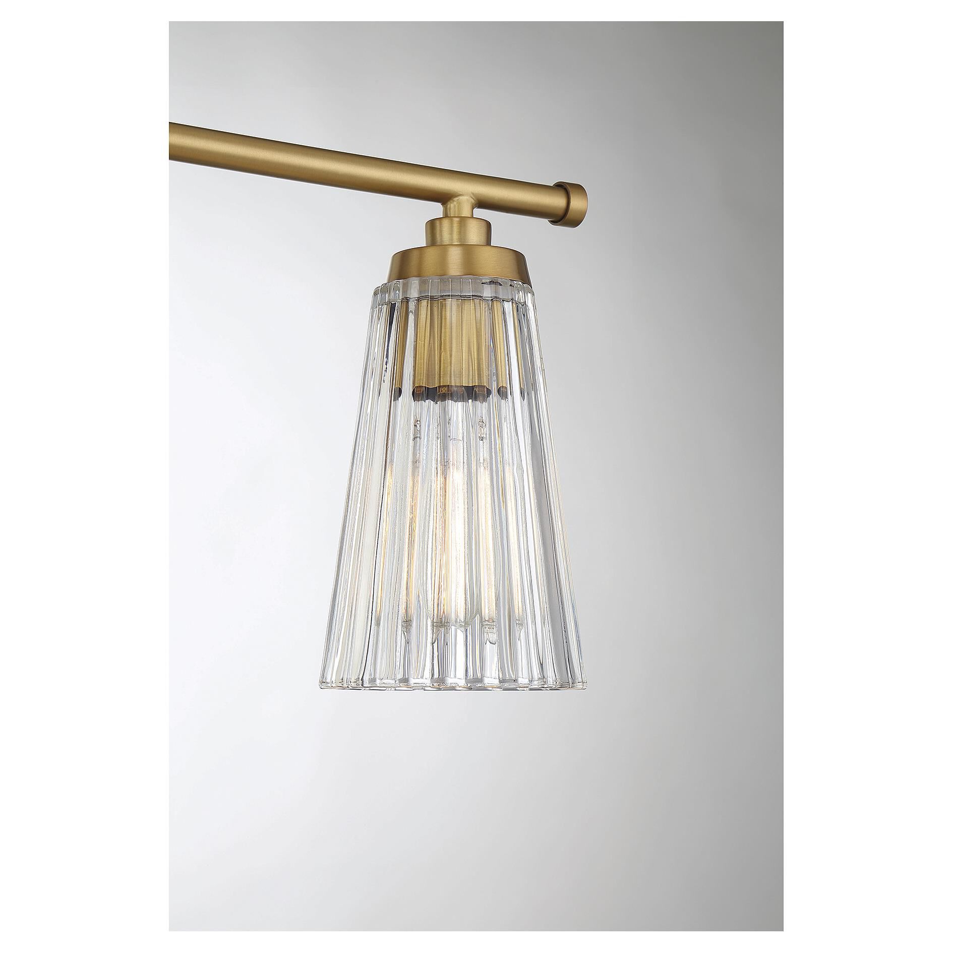 Shown in Warm Brass finish and Clear Ribbed glass and Glass shade