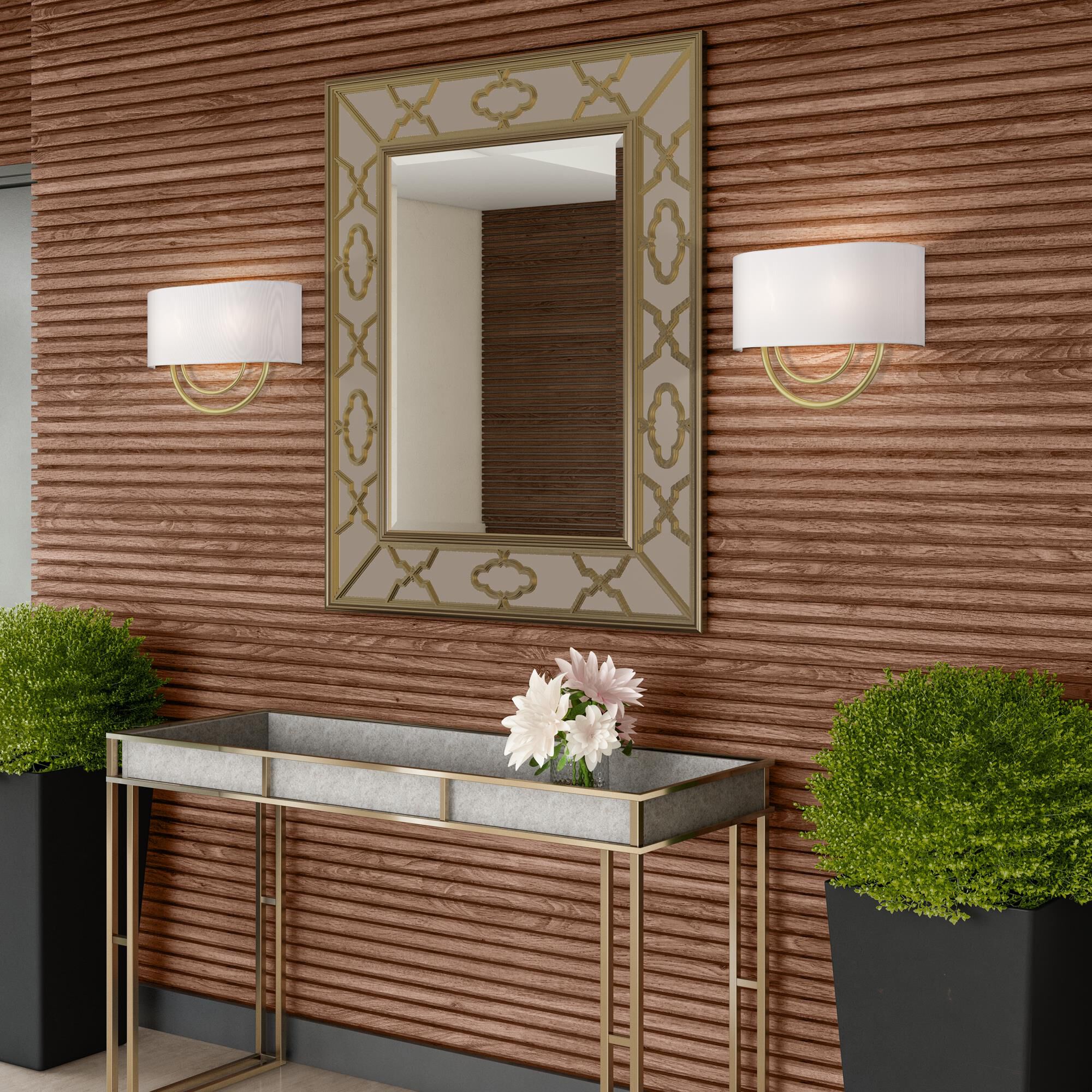 Shown in Soft Gold finish and Hand Crafted Off-White Fabric Hardback with White Fabric Inside shade