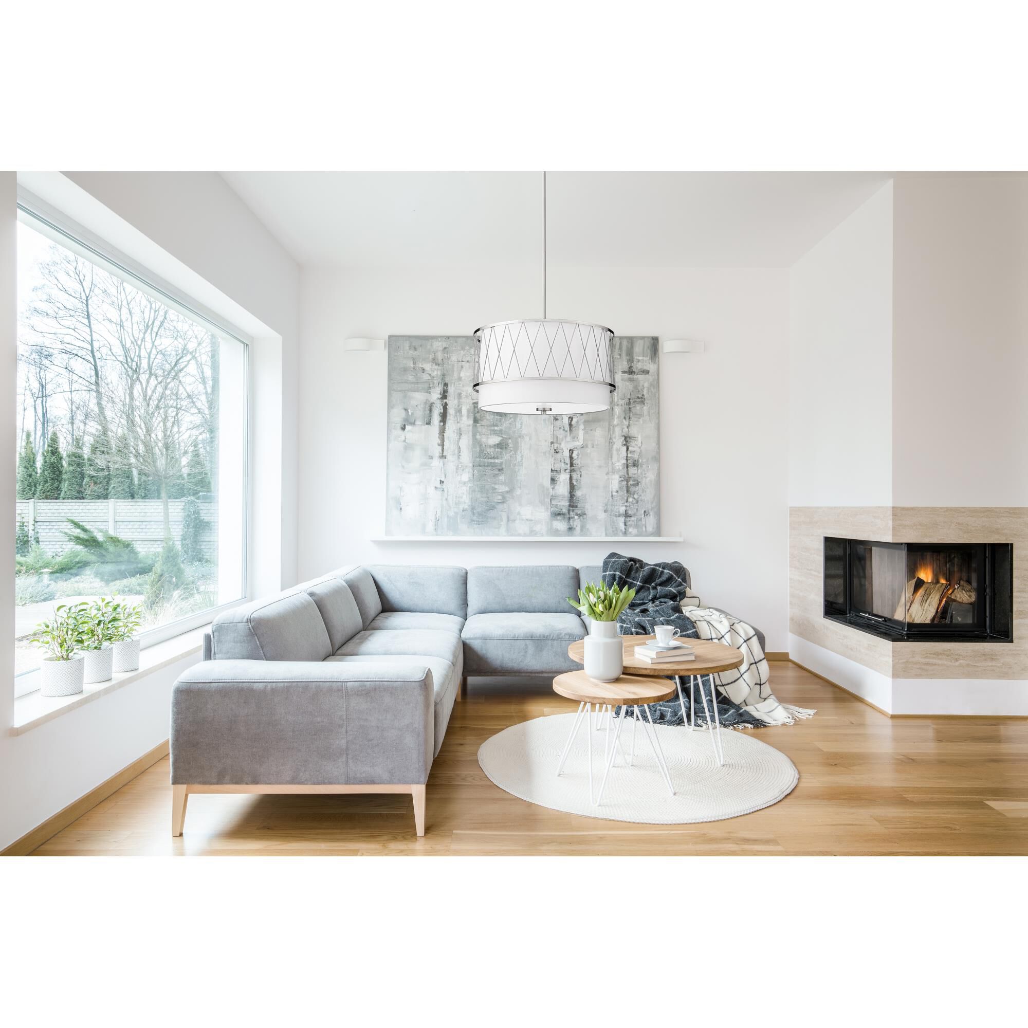 Shown in Brushed Nickel finish and White glass and White shade