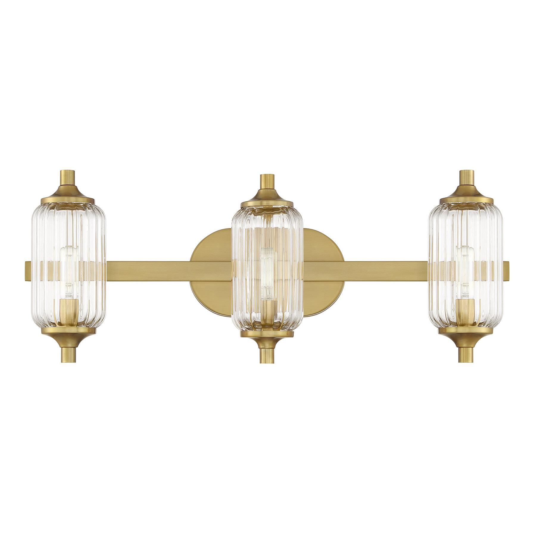 Shown in Warm Brass finish and Clear Ribbed glass