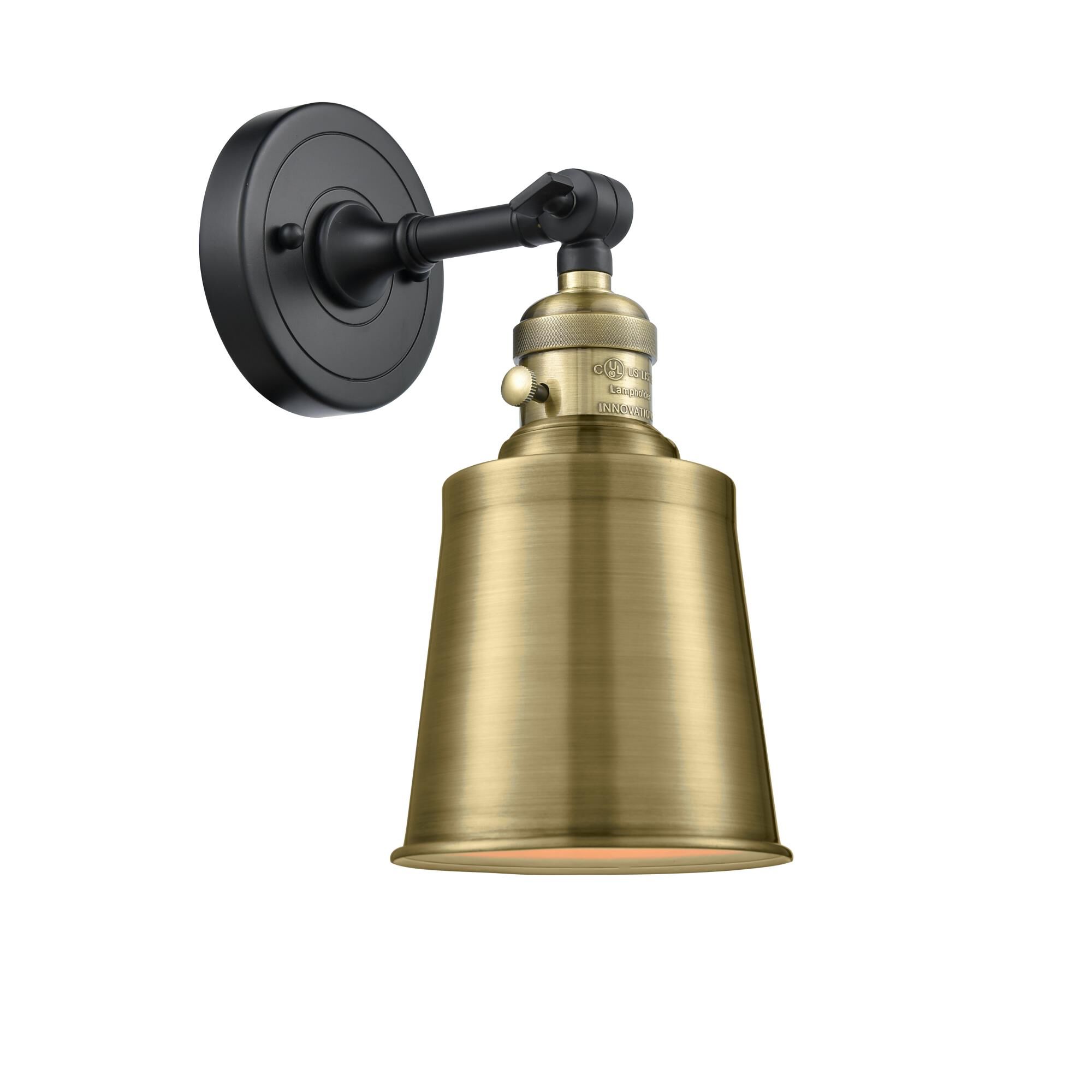 Shown in Black Antique Brass finish and Antique Brass shade