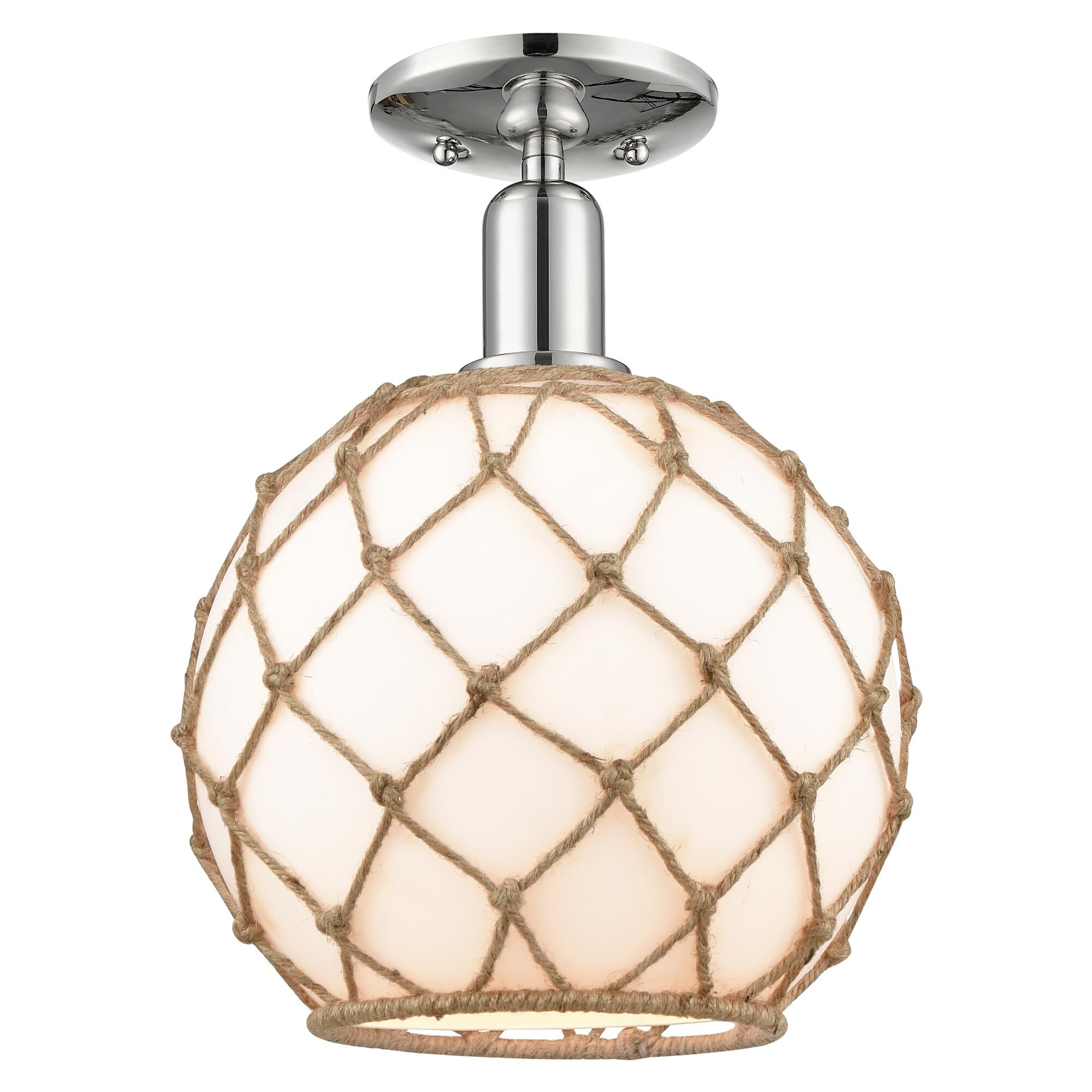 Shown in Polished Nickel finish and White with Brown Rope glass
