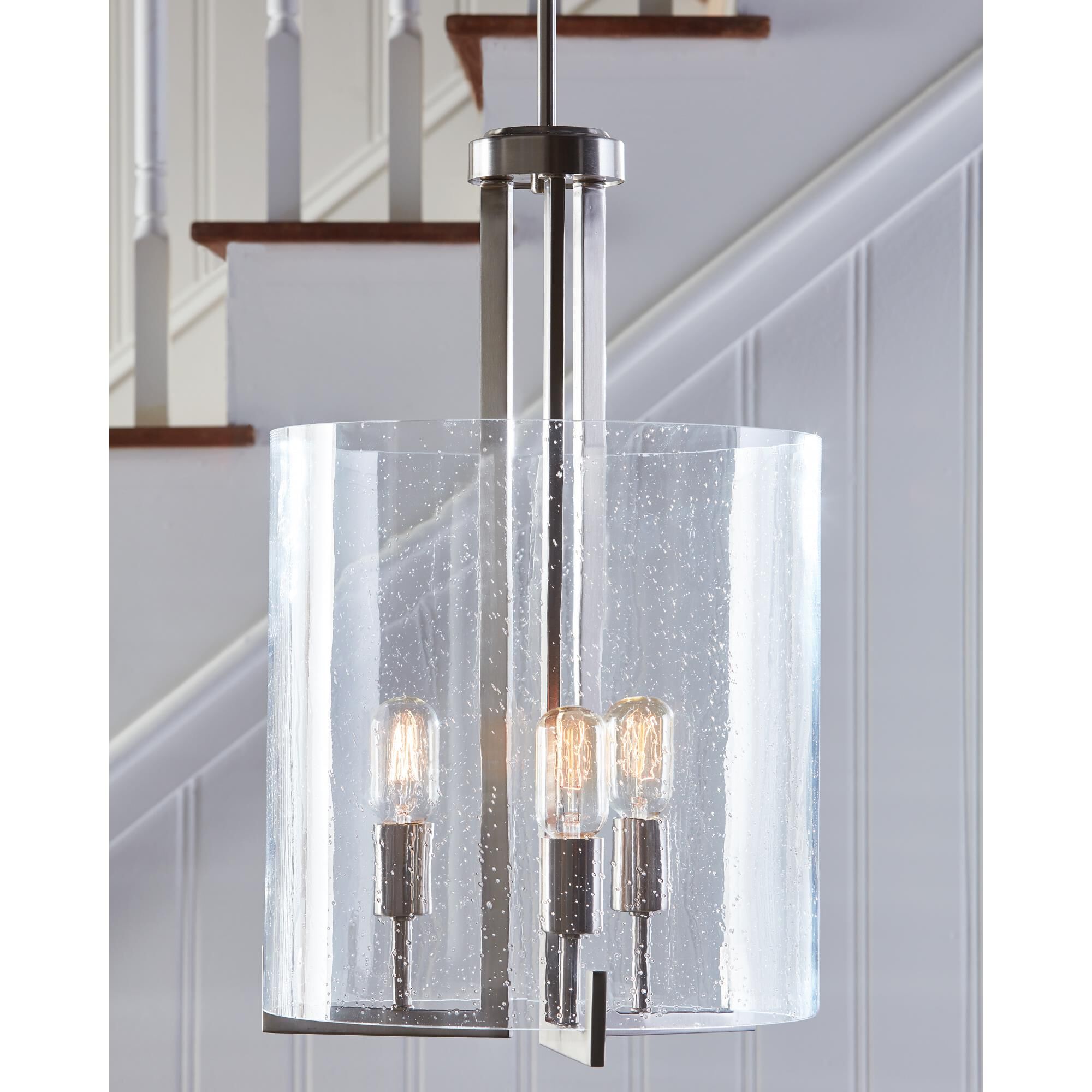 Shown in Brushed Nickel finish and Clear Seeded  Shade glass and Clear Seeded Glass shade