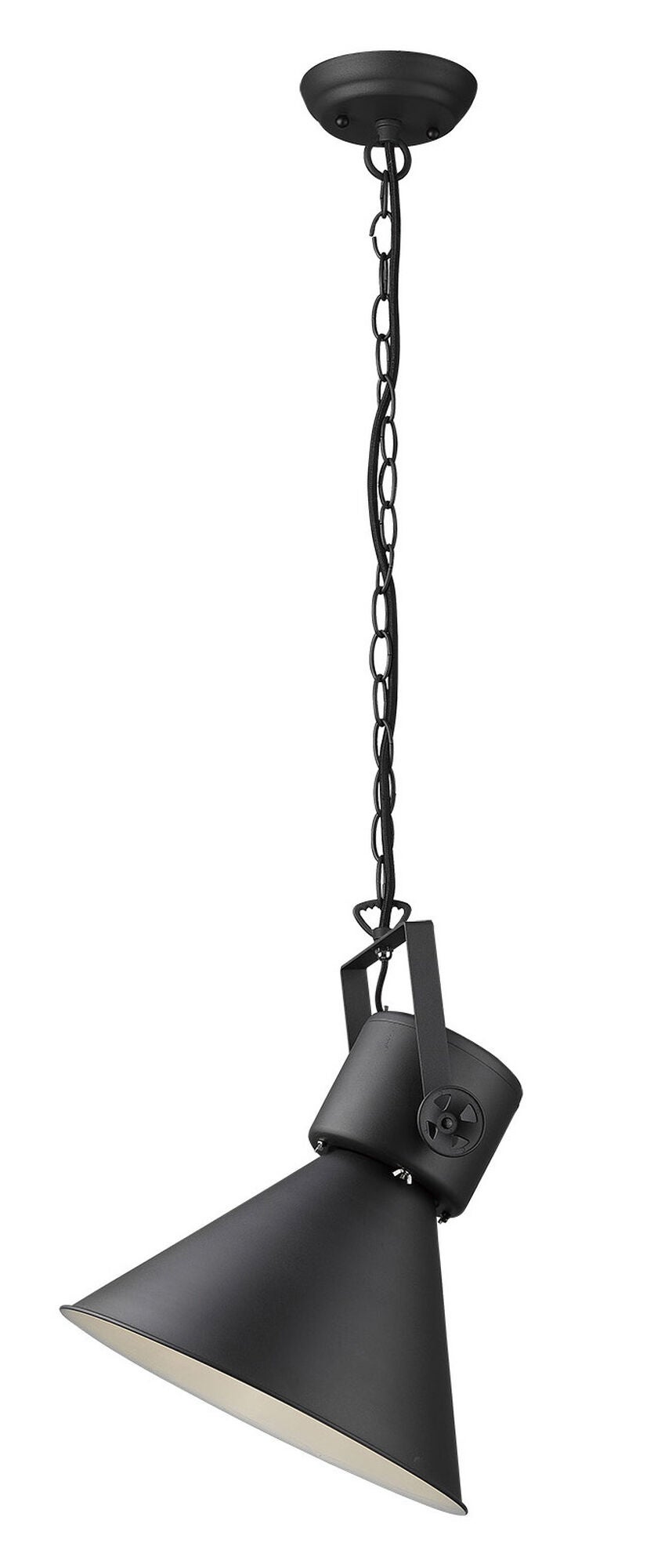 Shown in Matte Black finish and Black glass and Black Metal Cone Shaped  W/ White Interior shade