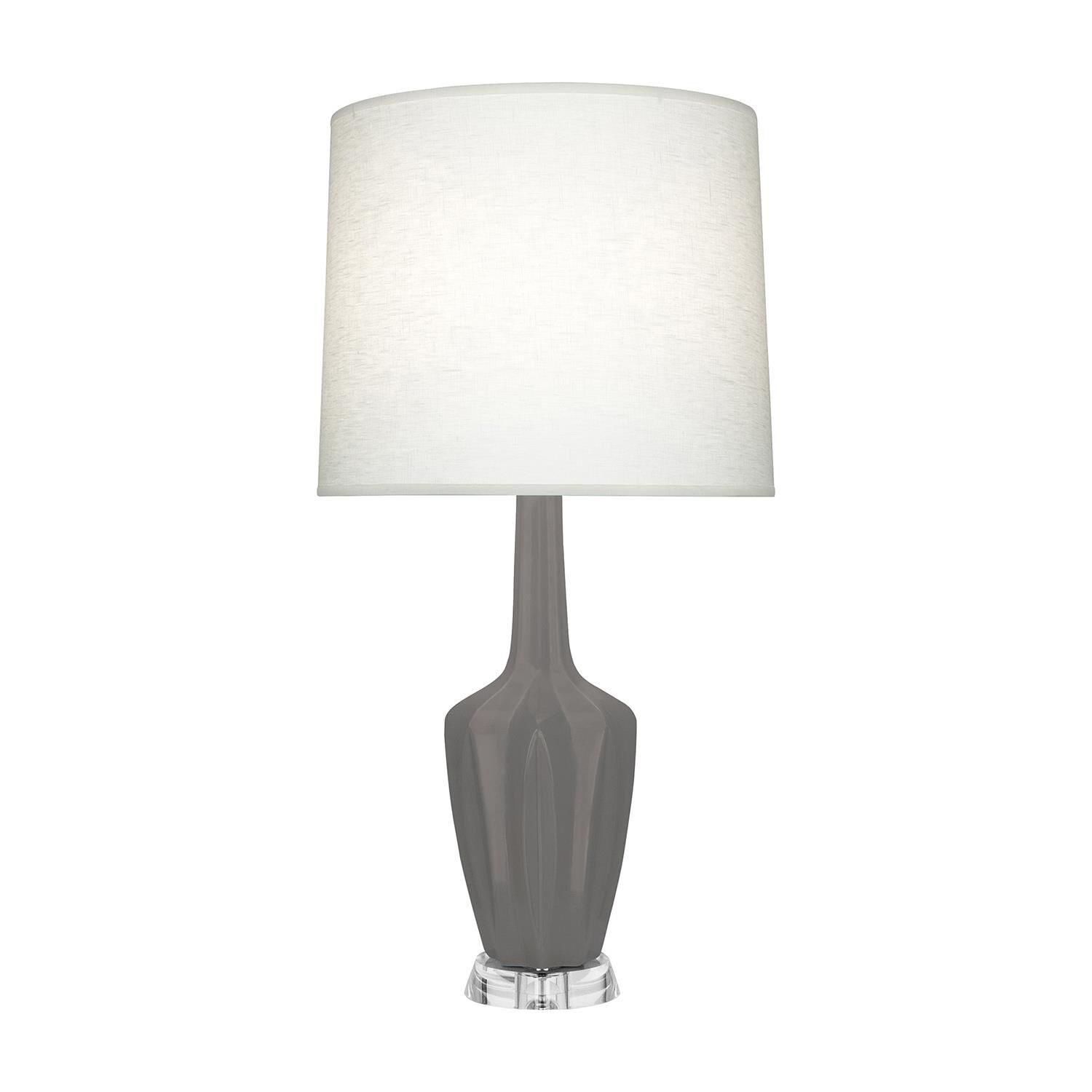 Shown in Matte Smokey Taupe finish and Off White shade and Polished Nickel with Lucite accent