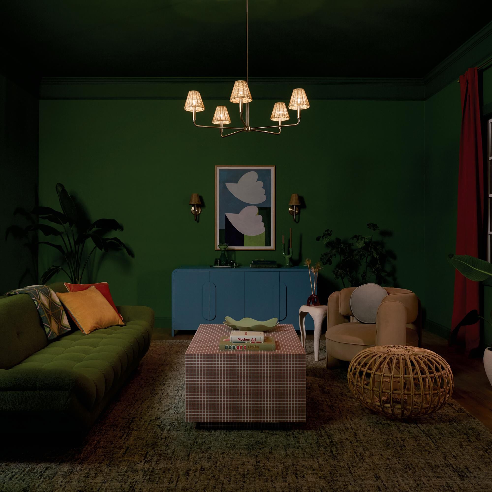 Shown in Champagne Bronze finish and Rattan Textured shade