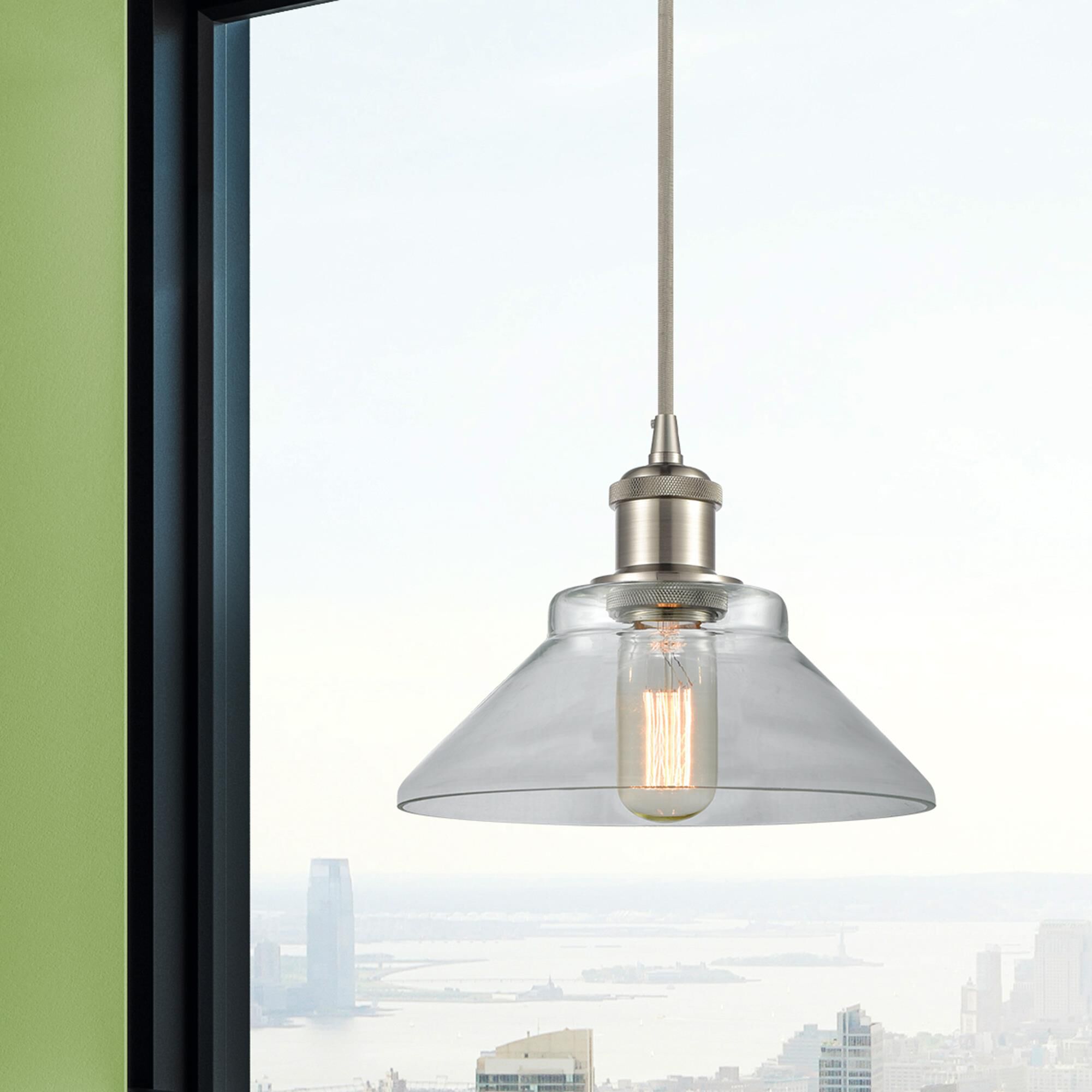 Shown in Brushed Satin Nickel finish and Clear glass