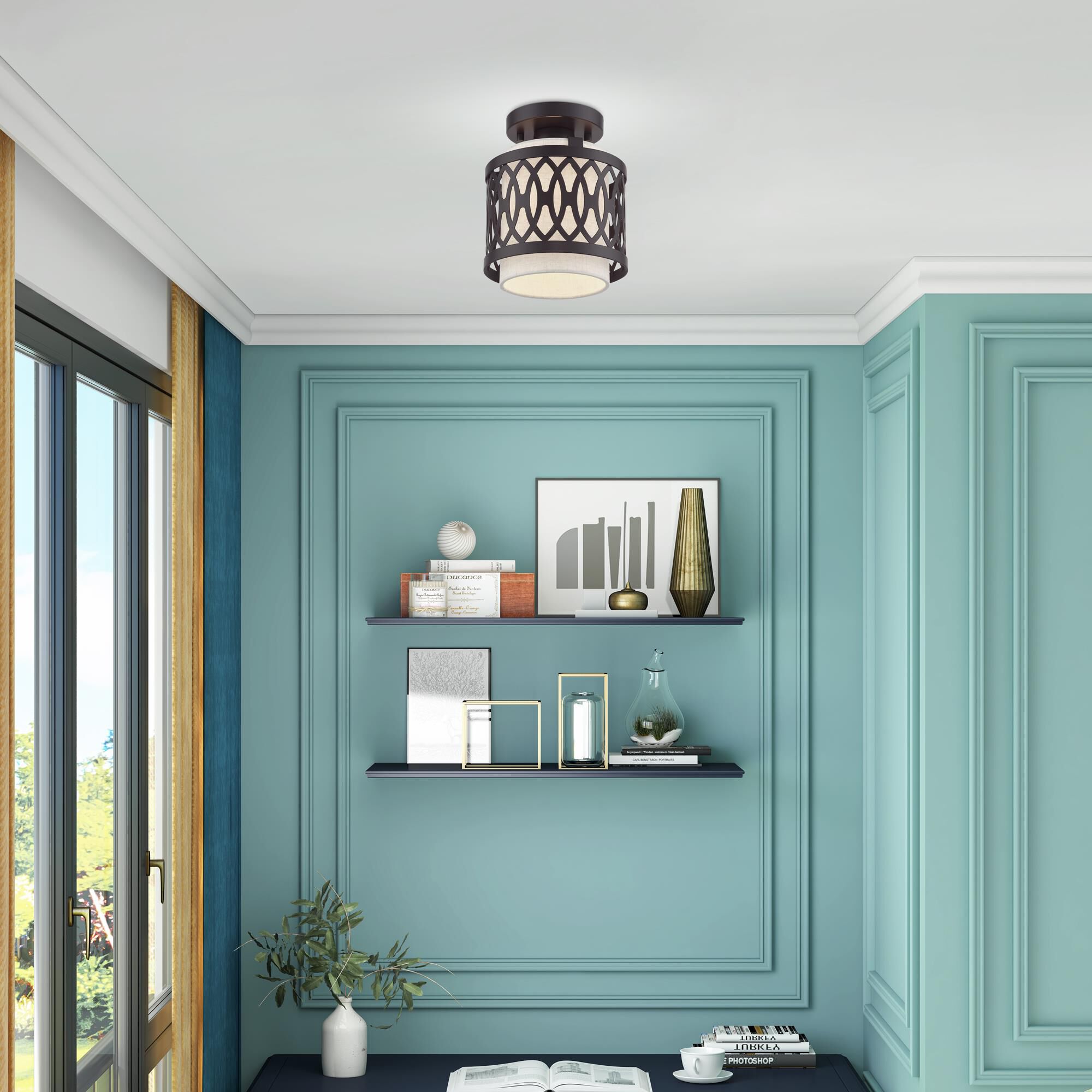 Shown in English Bronze finish and Hand Crafted Oatmeal Color Hardback shade