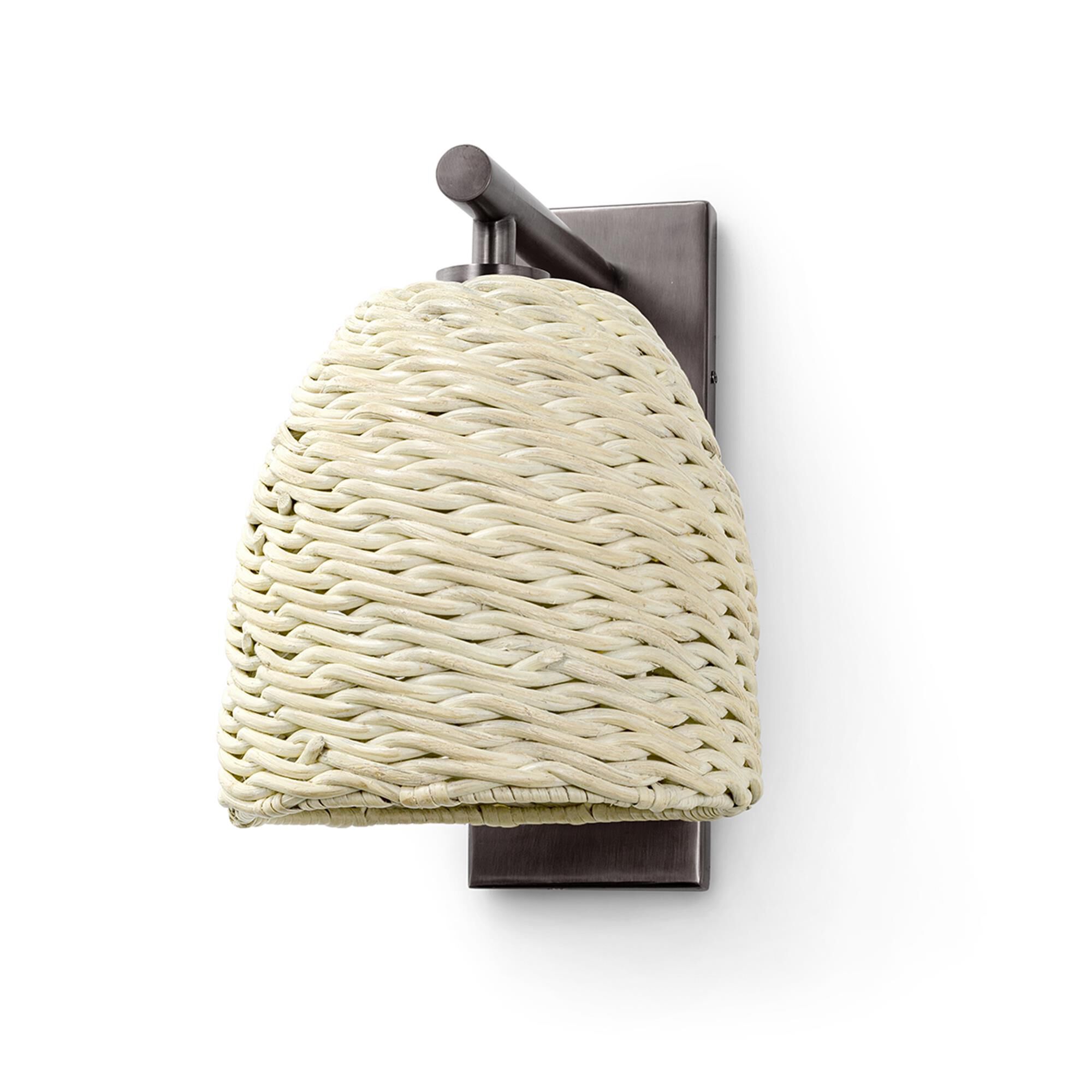 Shown in Bronze finish and Hand-woven Whitewash Wicker shade