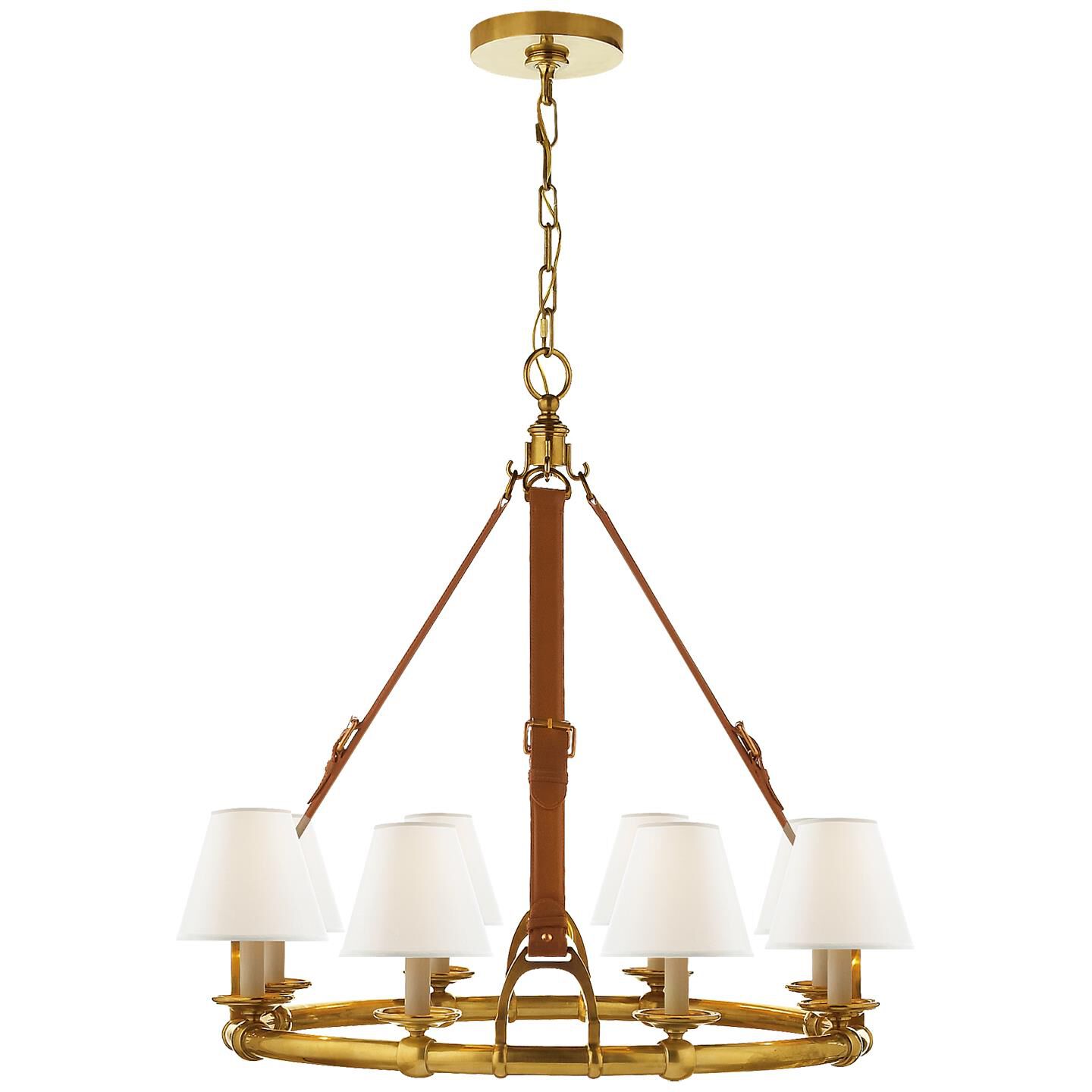 Shown in Natural Brass finish and Linen shade
