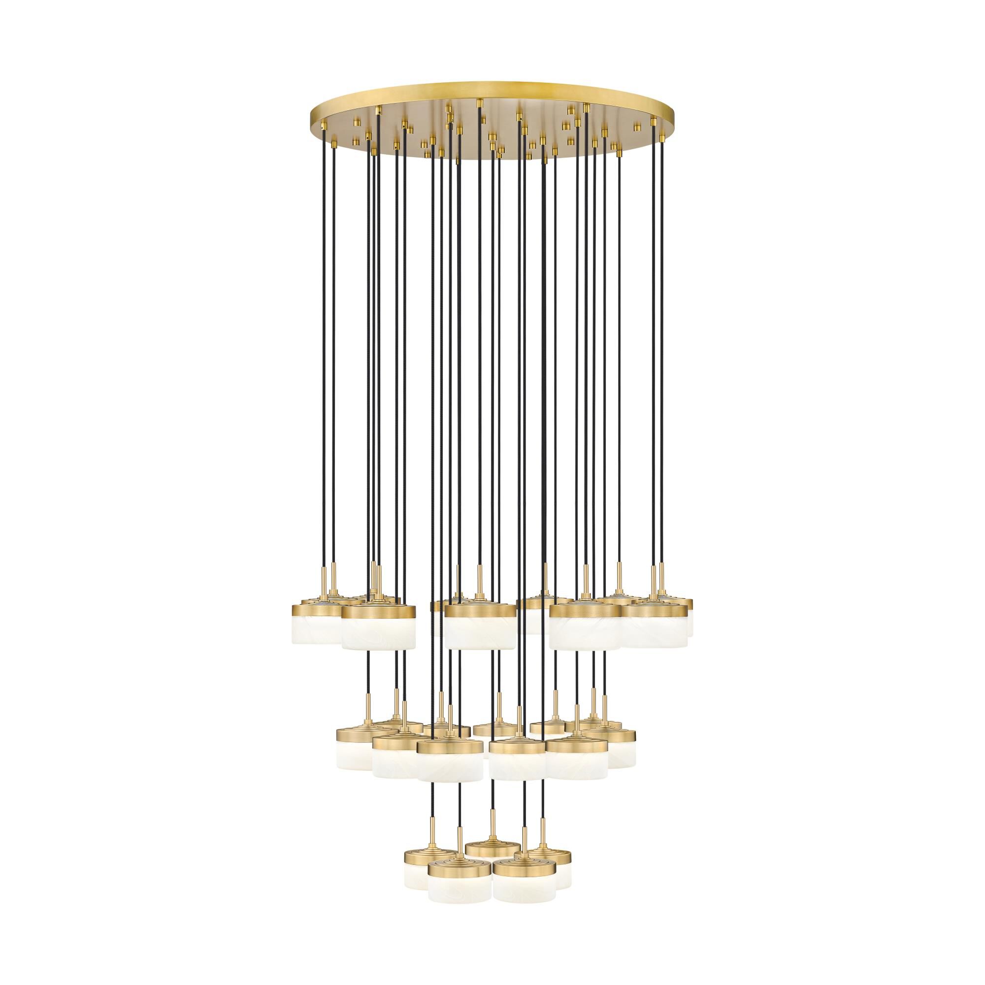 Shown in Modern Gold finish and Feathered White glass