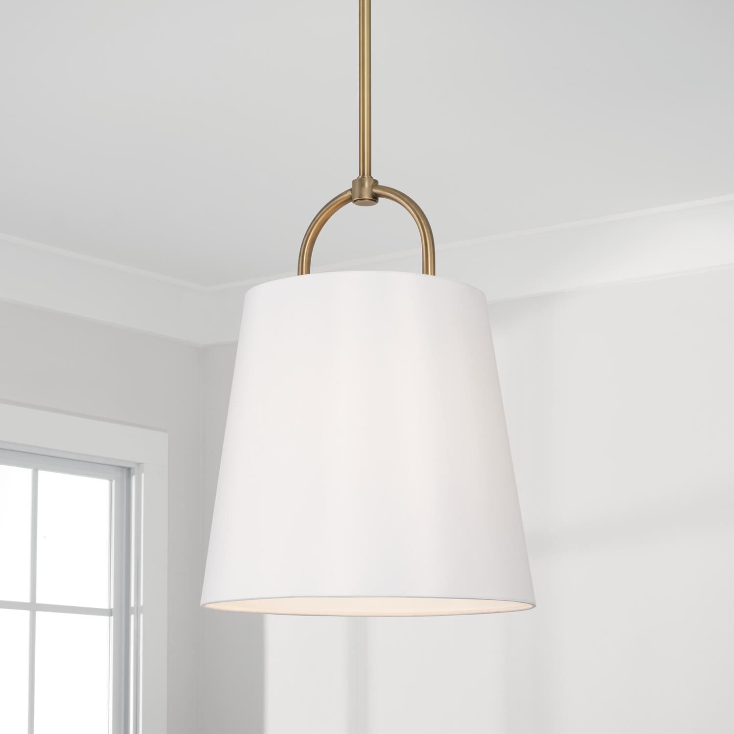 Shown in Aged Brass finish and White Fabric shade