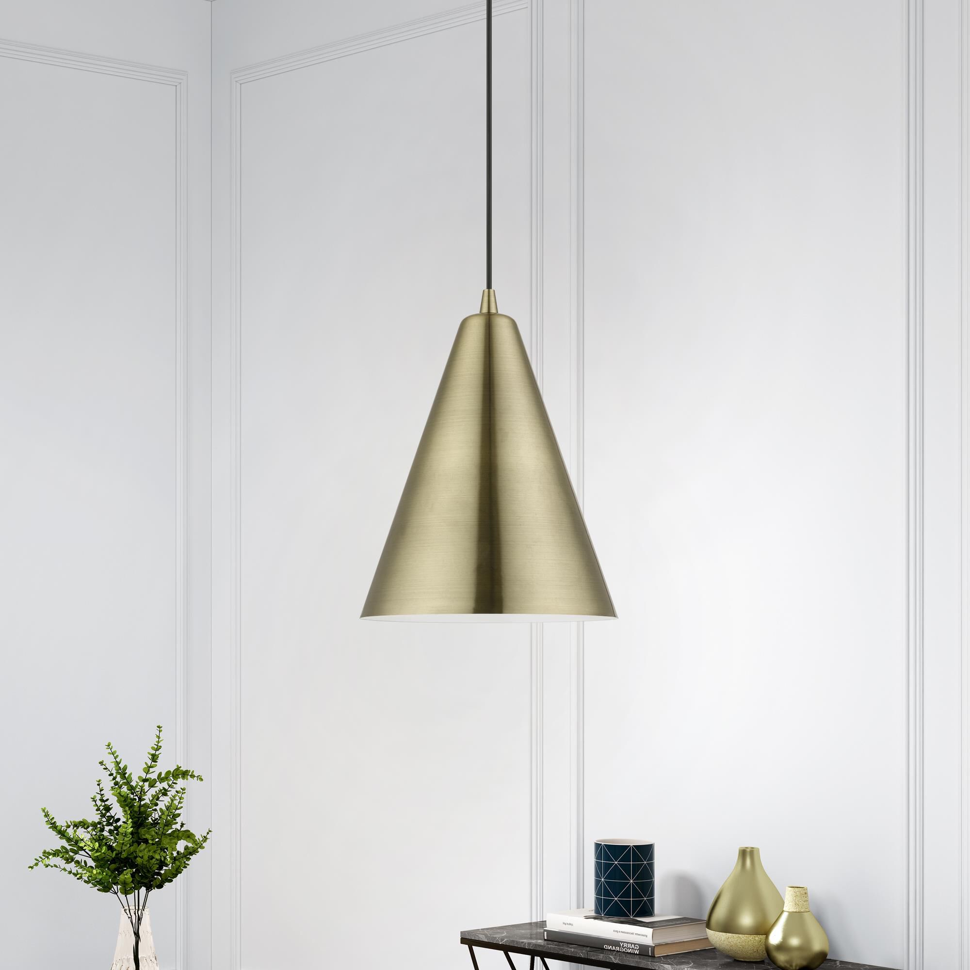 Shown in Antique Brass finish and Antique Brass Metal with Shiny White Inside shade