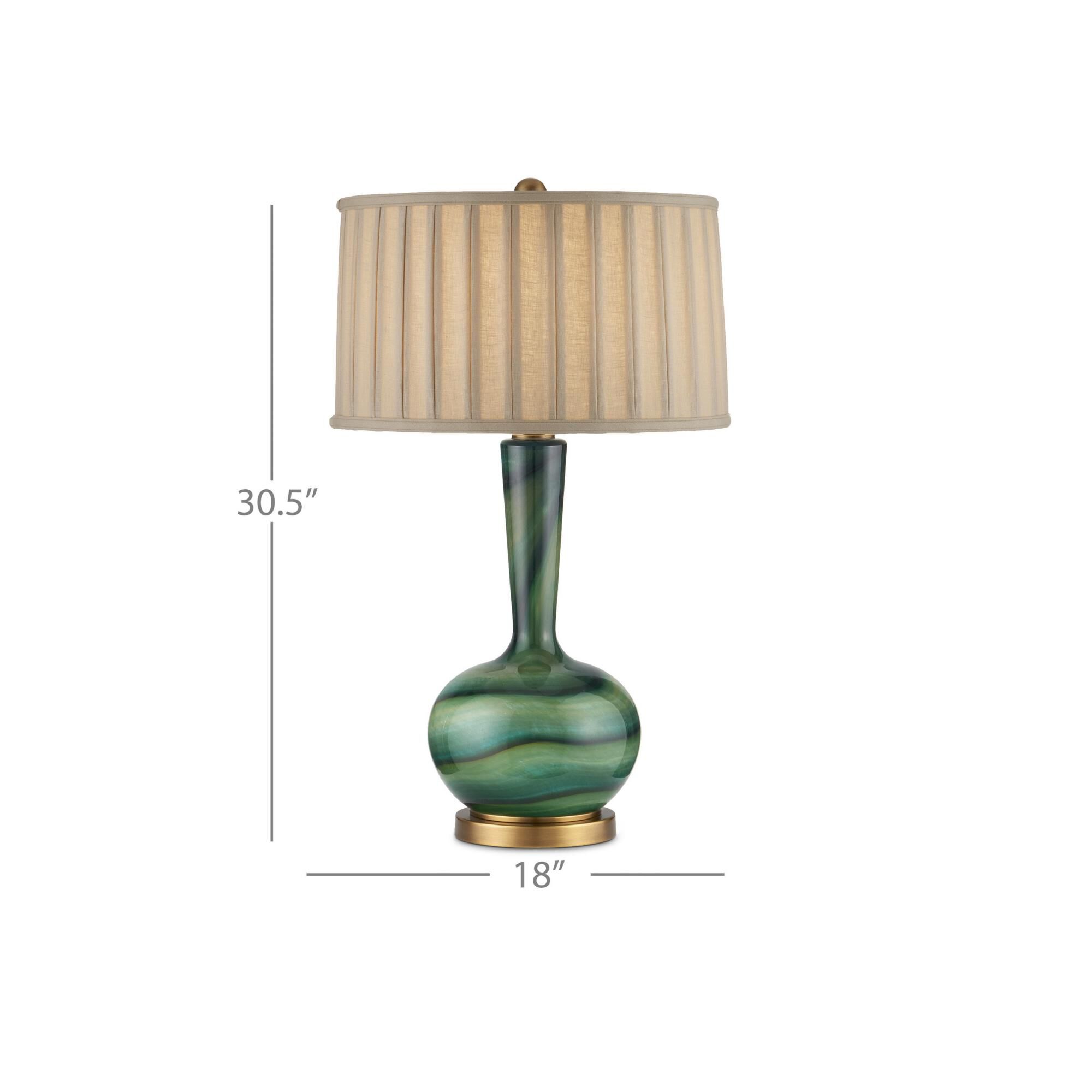 Shown in Green and Antique Brass finish and Beige Linen shade