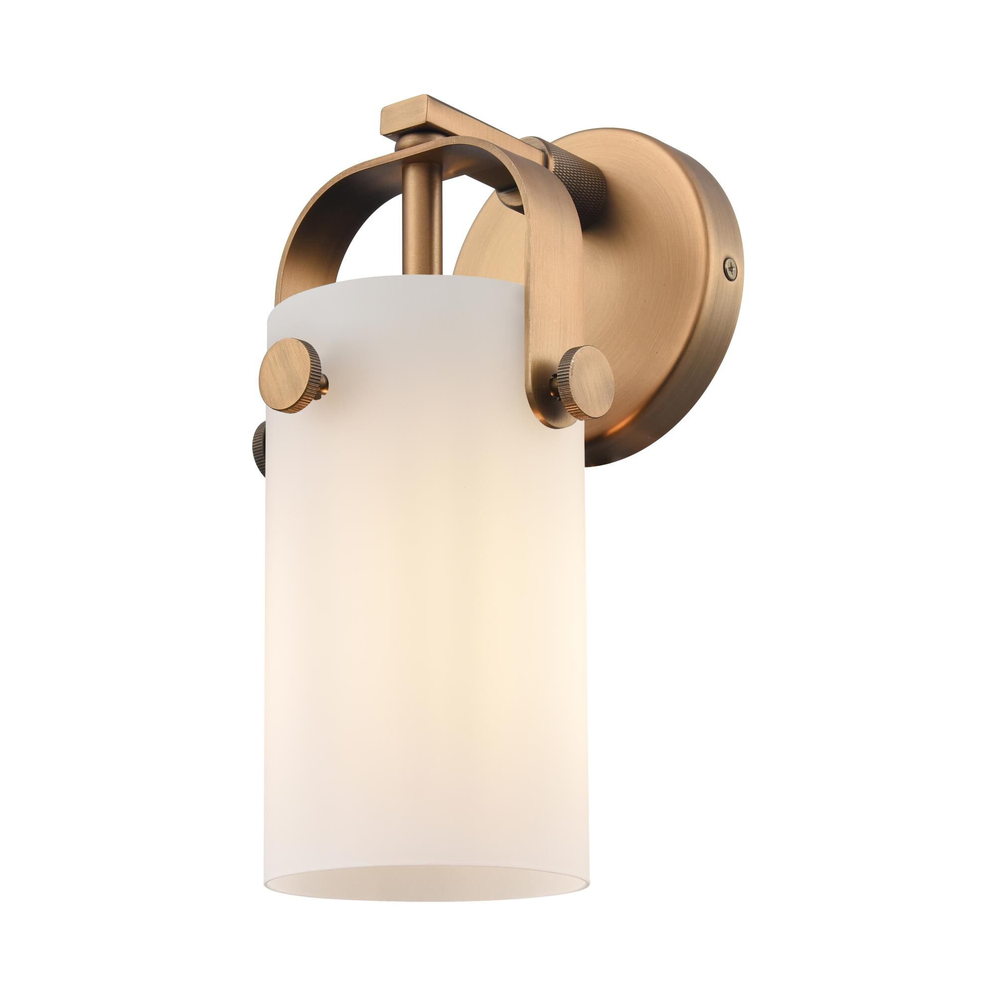 Shown in Brushed Brass finish and Matte White glass