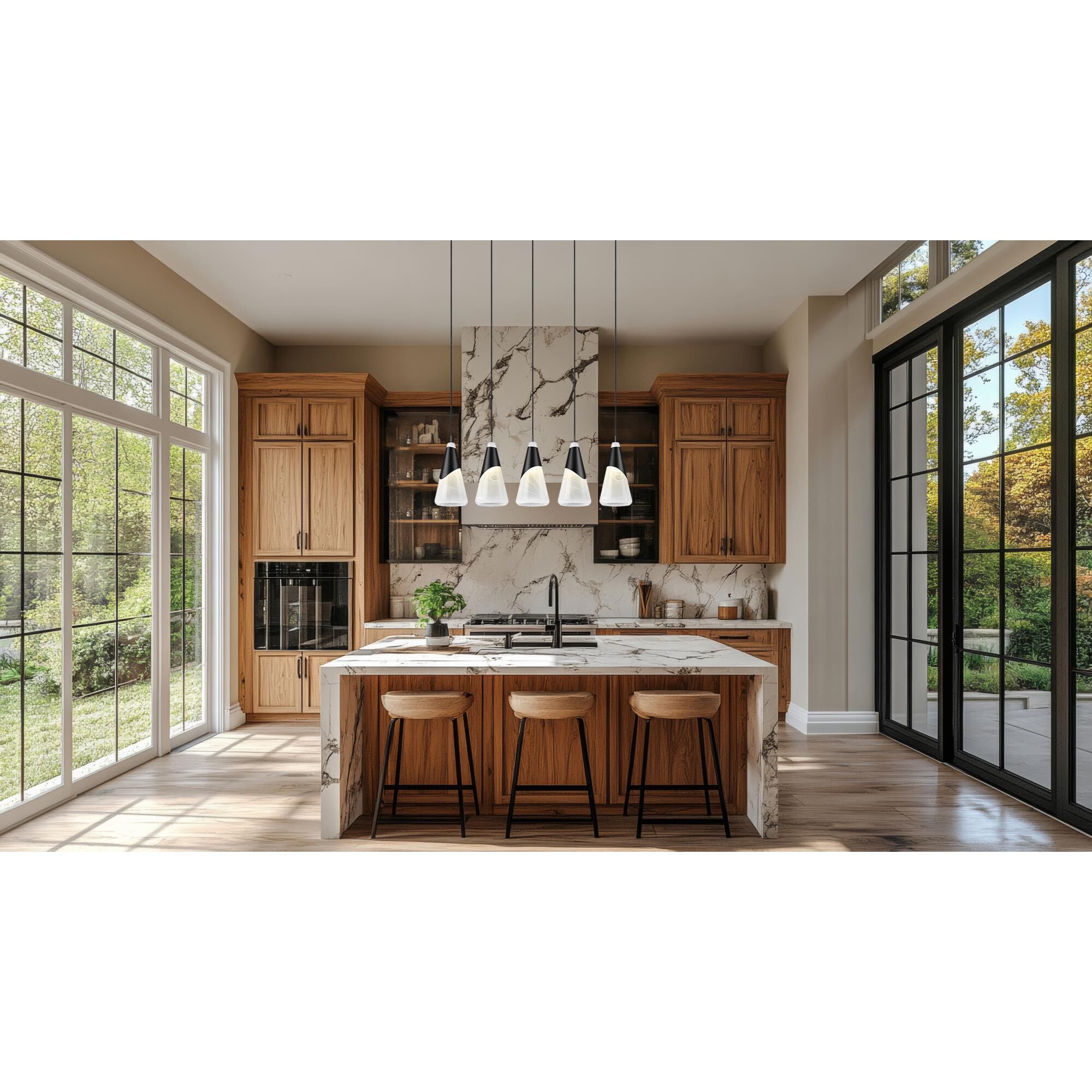 Shown in Matte Black finish and White Swirl glass and White Swirl shade