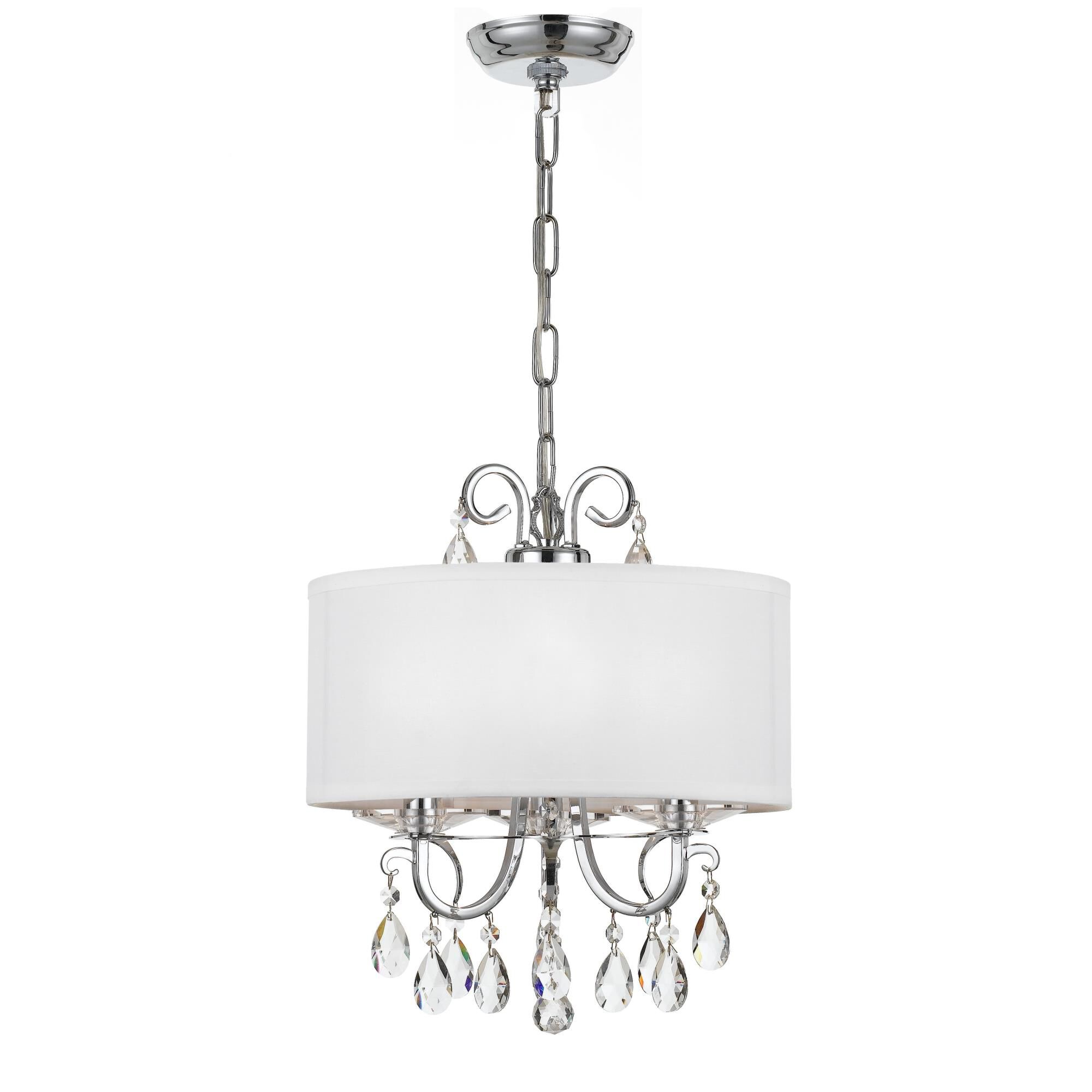 Shown in Polished Chrome finish and Clear Hand Cut crystal and White Silk glass and Silk shade