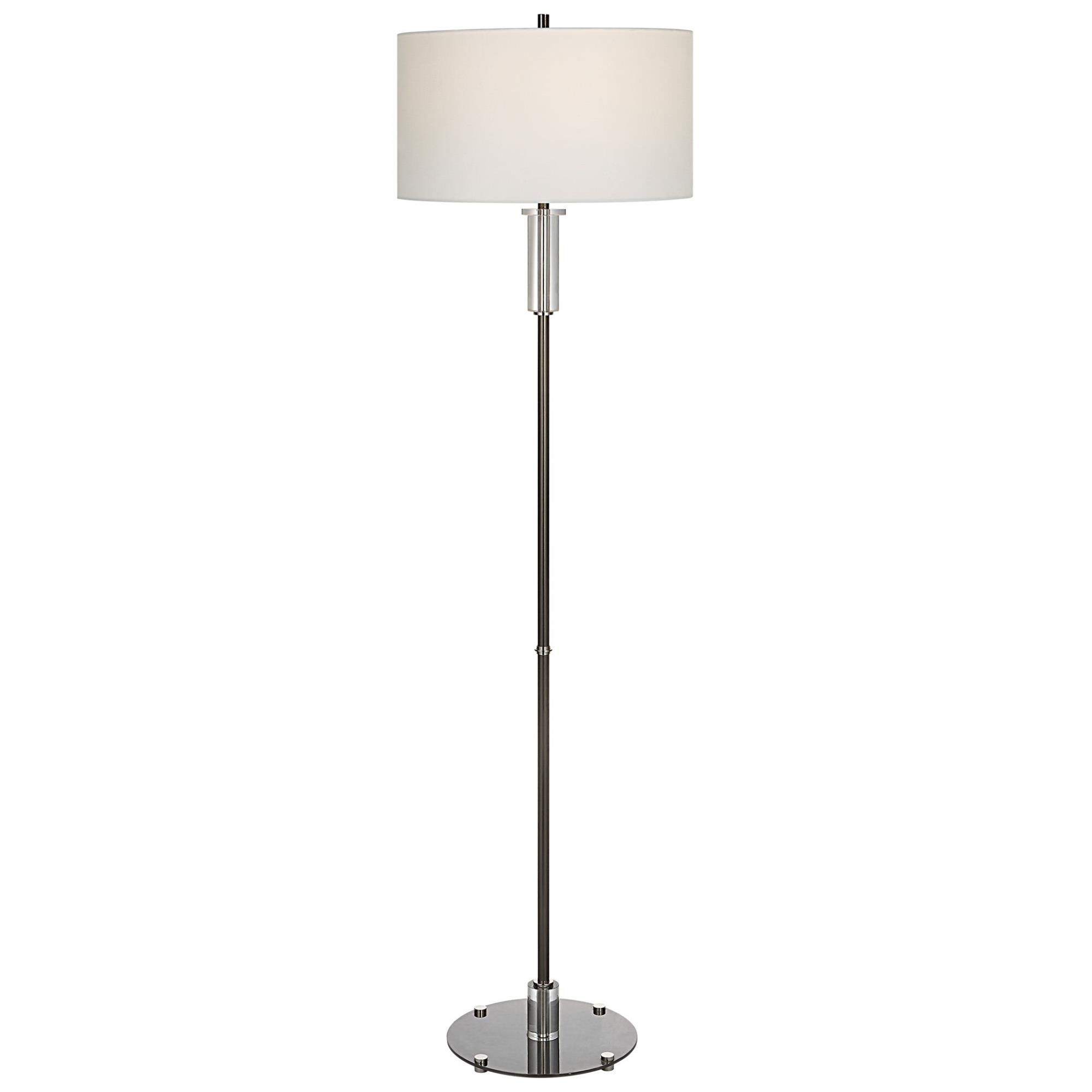 Shown in This Steel Floor Lamp Features Clean, Simple Detailing With A Polished Nickel Base And Unique Foot,  finish and Round Hardback Drum shade