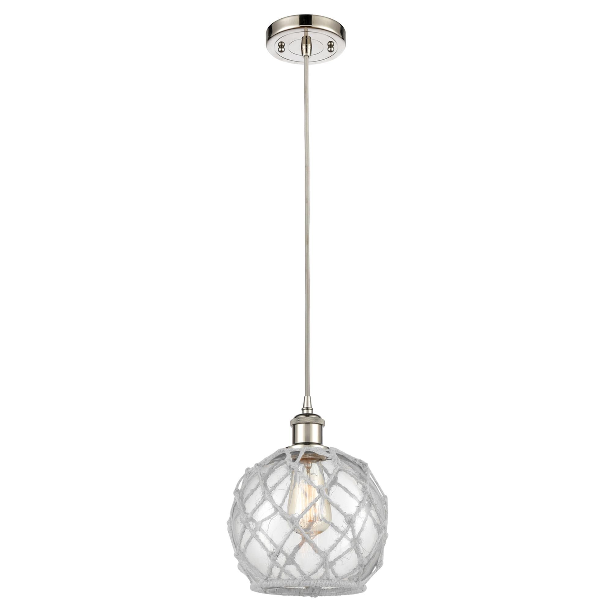 Shown in Polished Nickel finish and Clear Farmhousewith White Rope glass