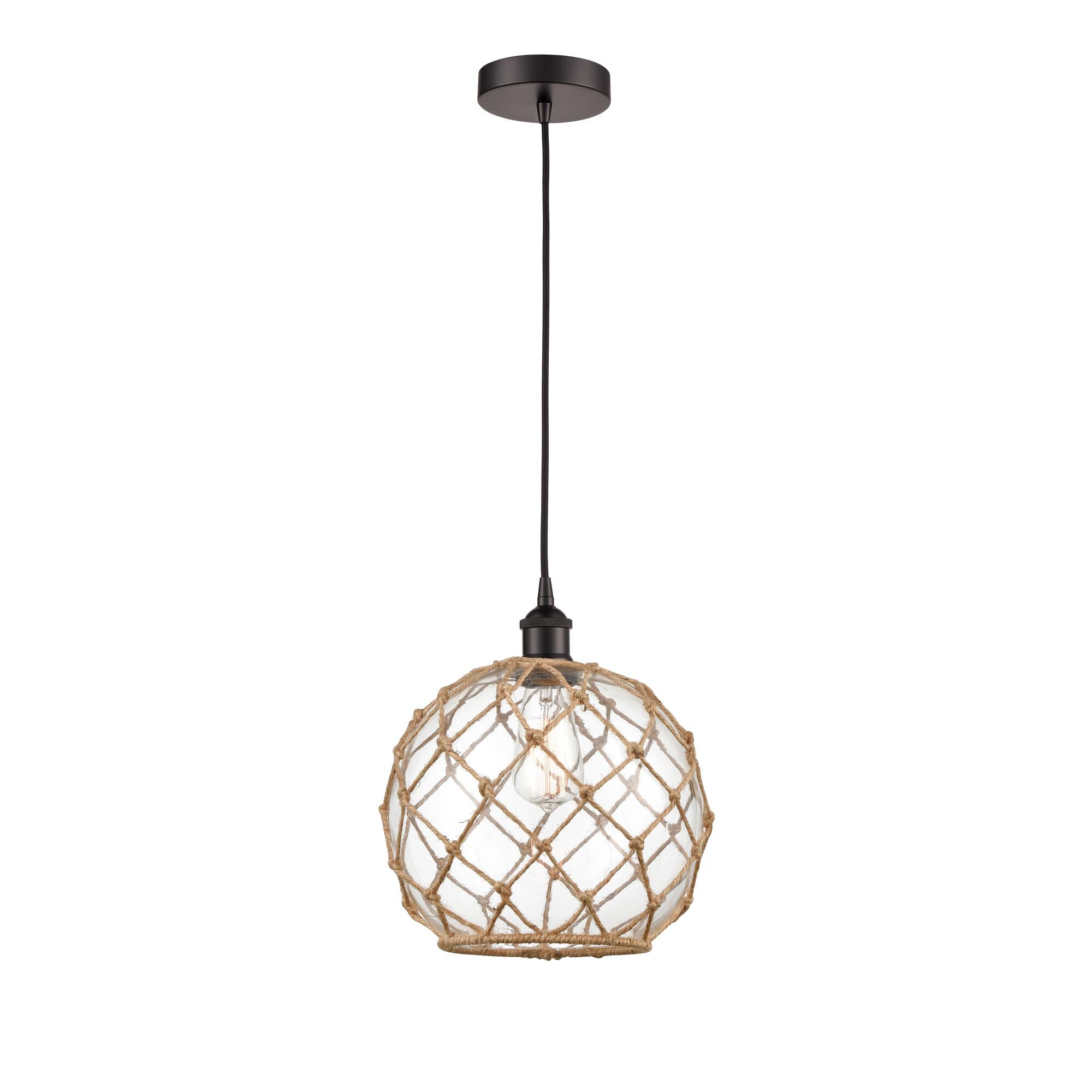 Shown in Oil Rubbed Bronze finish and Clear Large Farmhouse With Brown Rope glass and No Shade shade