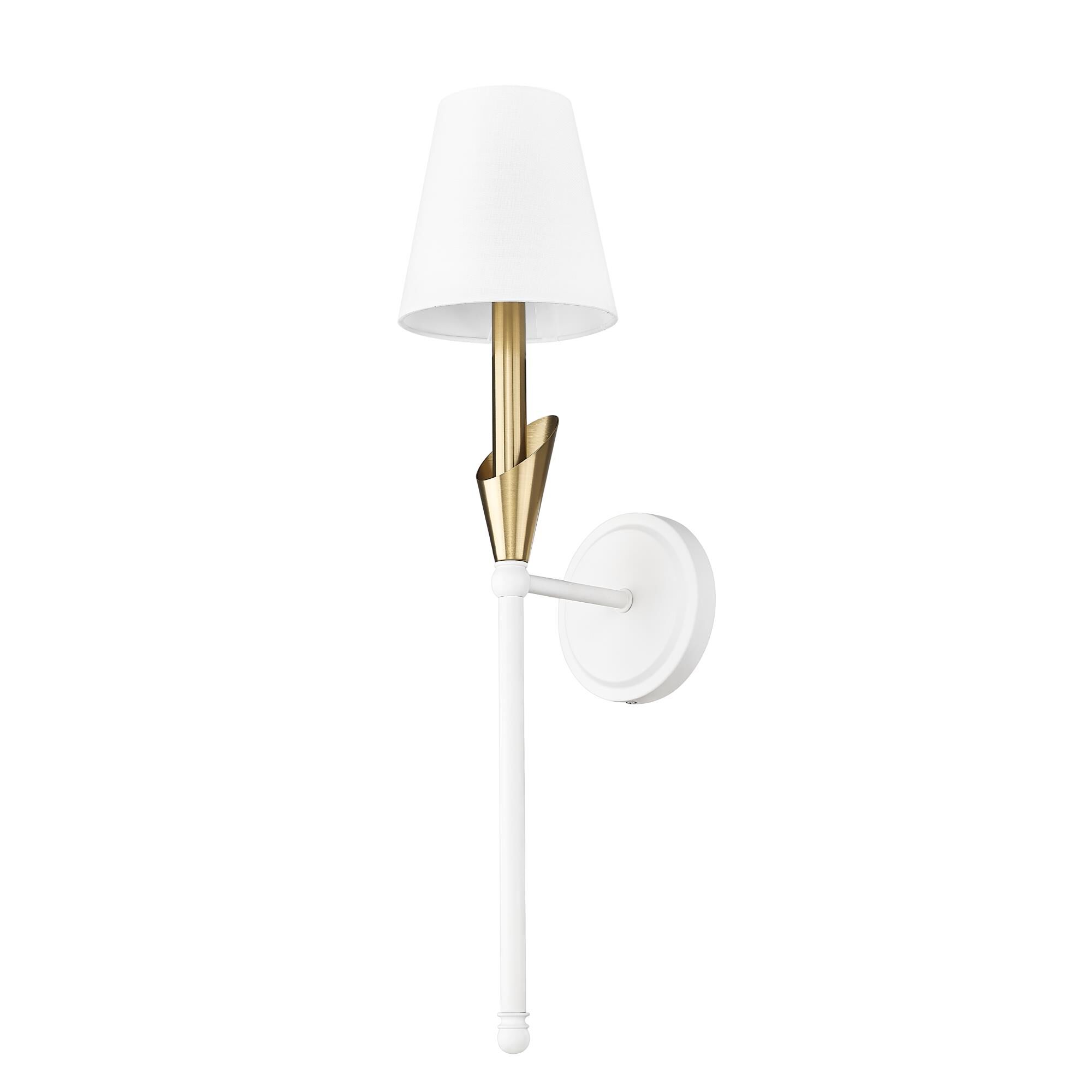 Shown in Textured White And Modern Gold finish and White glass and White shade