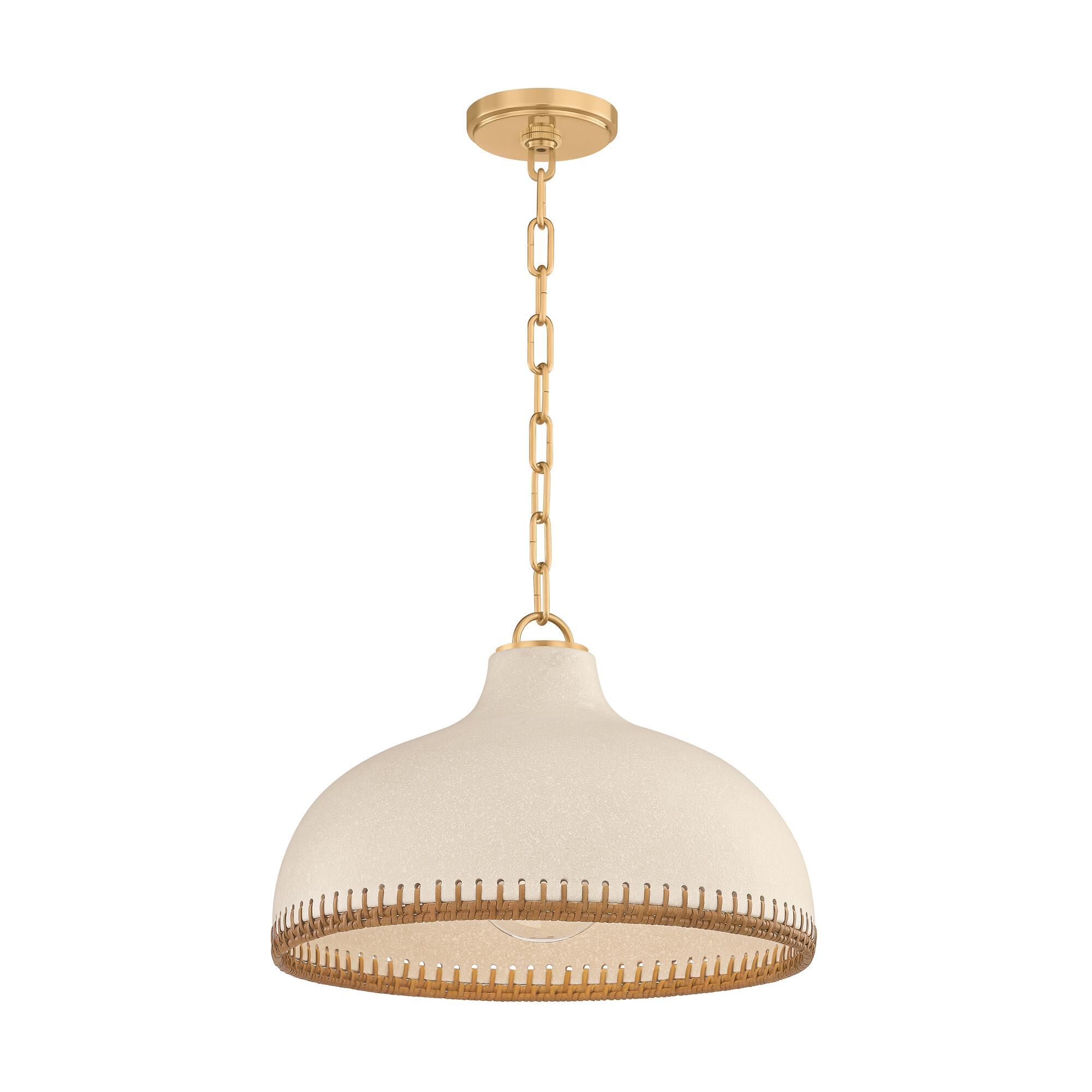 Shown in Aged Brass and Ceramic Cream Pebble finish and Rattan Weave Ceramic shade