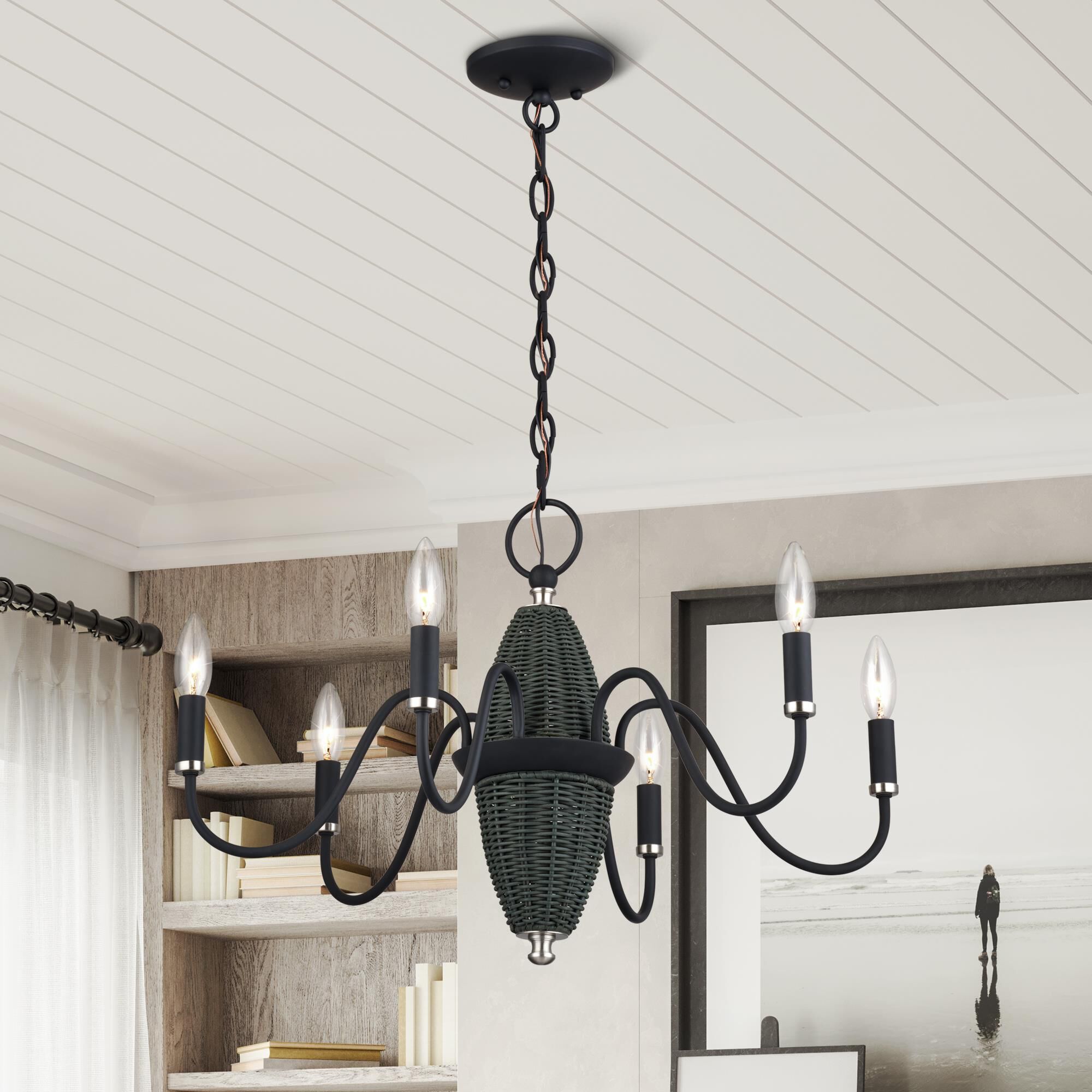 Shown in Black with Brushed Nickel Accents finish and Hand-Woven Charred Gray Color Rattan Column shade